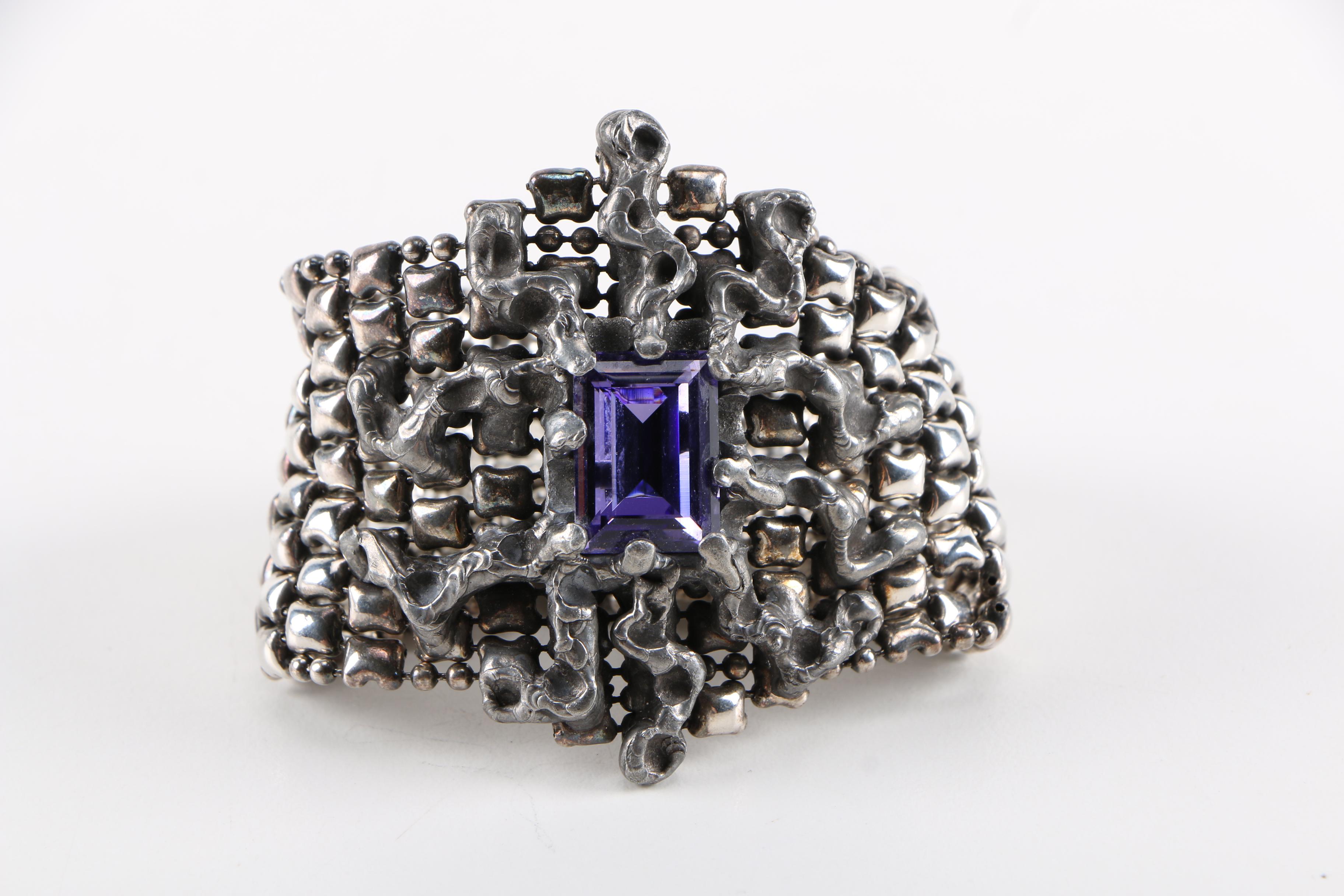 Sergio Gutierrez Silver Tone Liquid Metal Bracelets with Glass and Crystal Accents