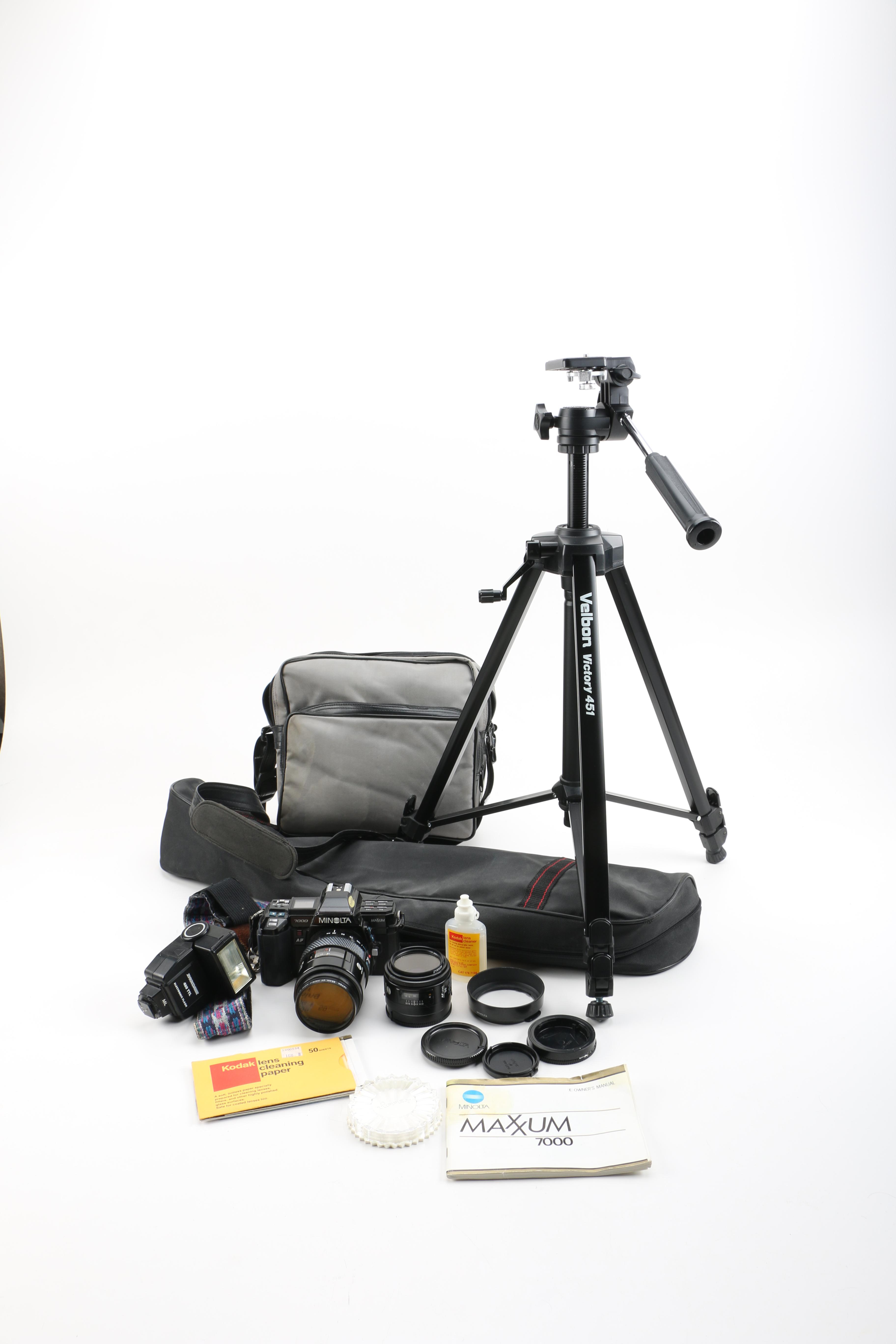1980s Minolta Maxxum 7000 Camera and Accessories Including Velbon Tripod