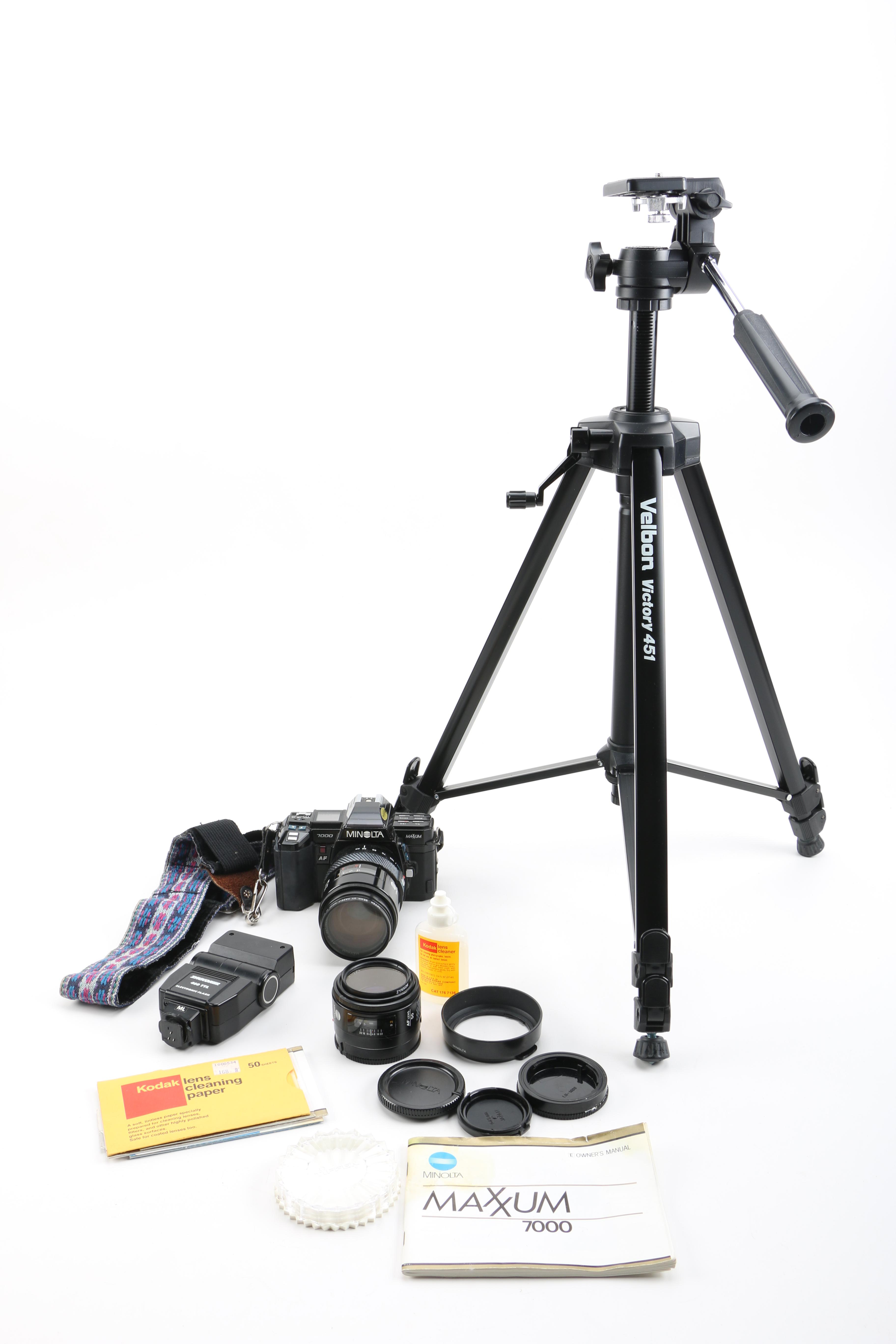 1980s Minolta Maxxum 7000 Camera and Accessories Including Velbon Tripod