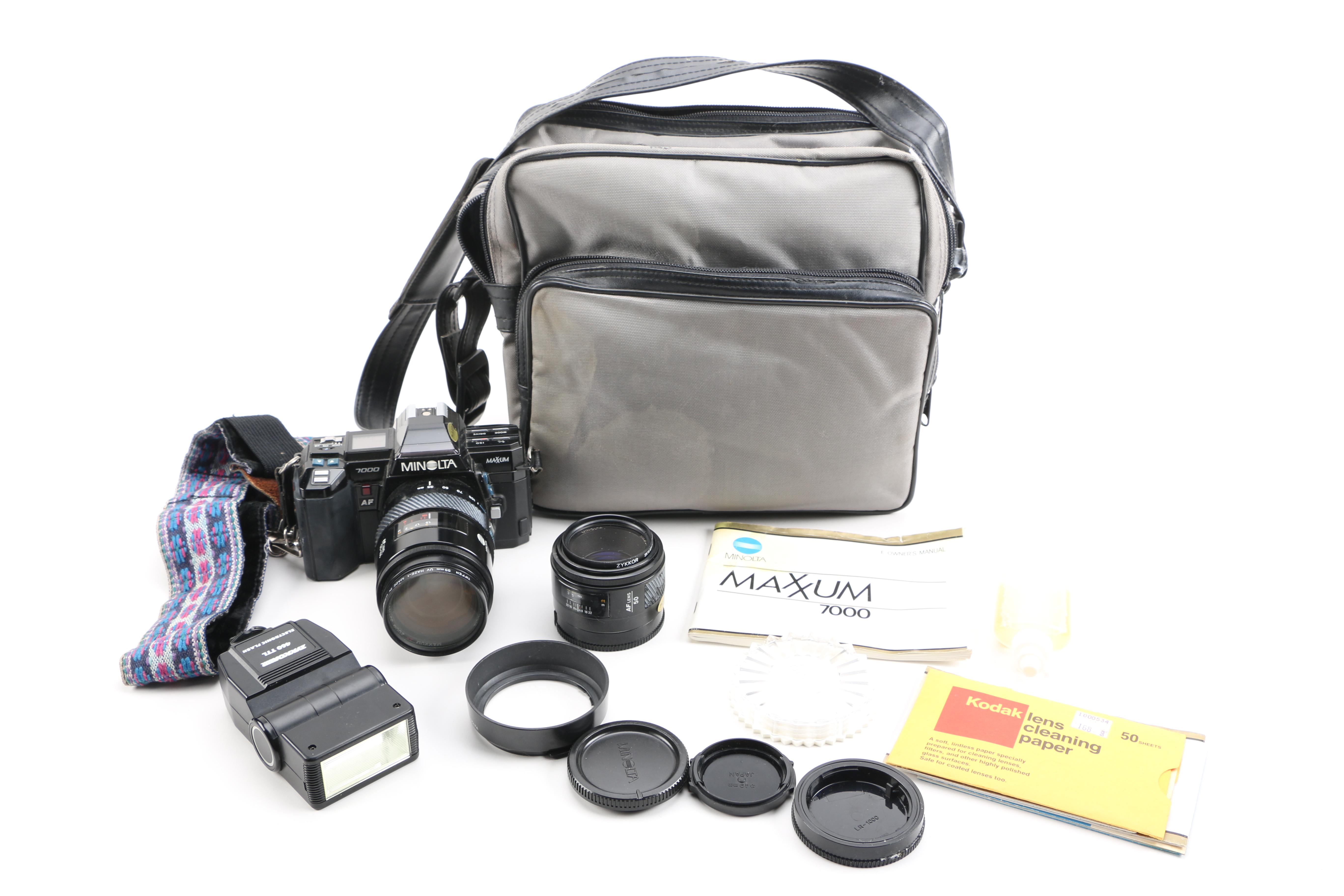 1980s Minolta Maxxum 7000 Camera and Accessories Including Velbon Tripod