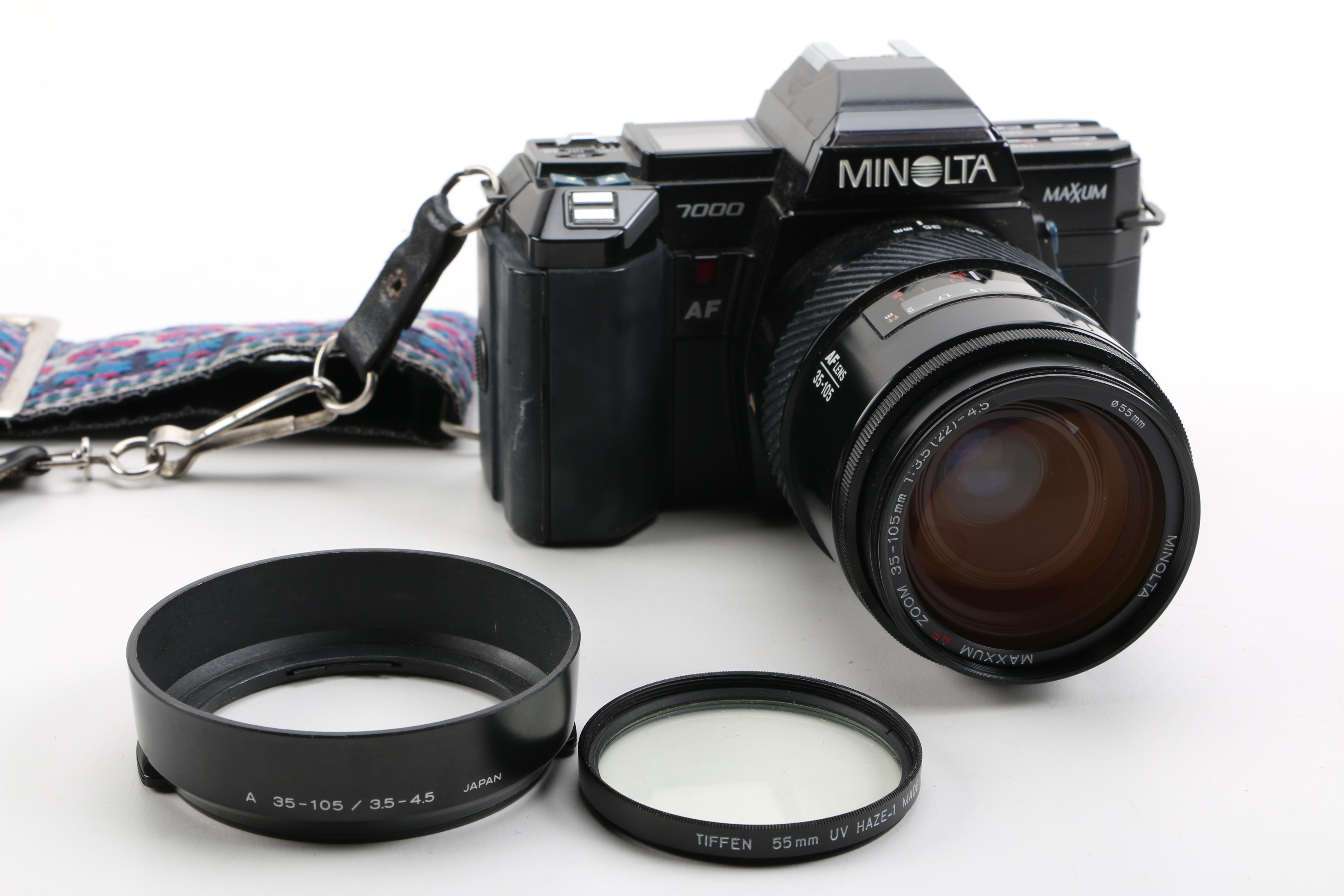 1980s Minolta Maxxum 7000 Camera and Accessories Including Velbon Tripod