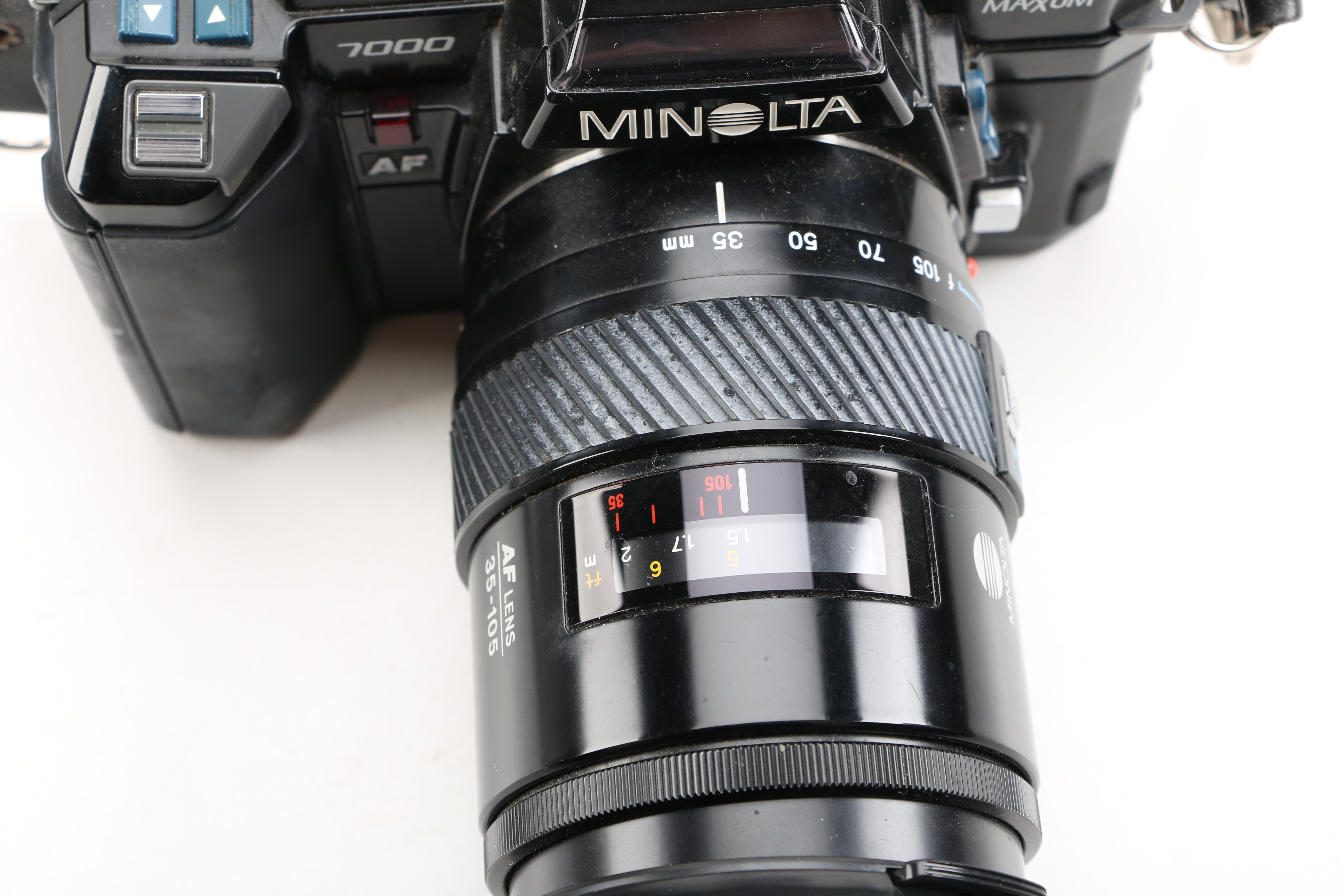 1980s Minolta Maxxum 7000 Camera and Accessories Including Velbon Tripod