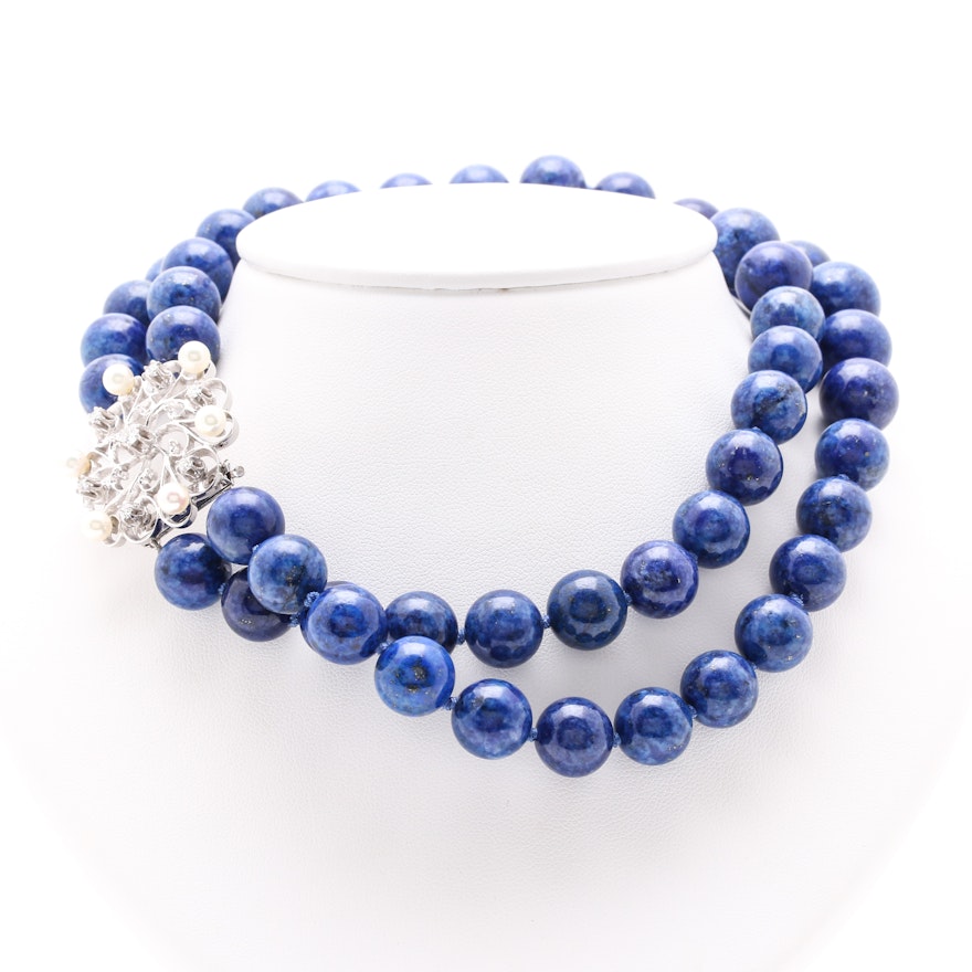 Lapis Lazuli Necklace with 14K White Gold Diamond and Cultured Pearl Clasp