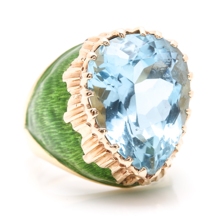 Boris Le Beau 18K Yellow Gold 14.08 CT Aquamarine and Green Enamel Cocktail Ring