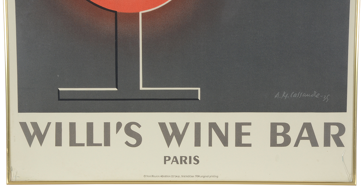 Original 1984 Color Lithograph Poster "Willi's Wine Bar, Paris" Designed by A. M. Cassandre