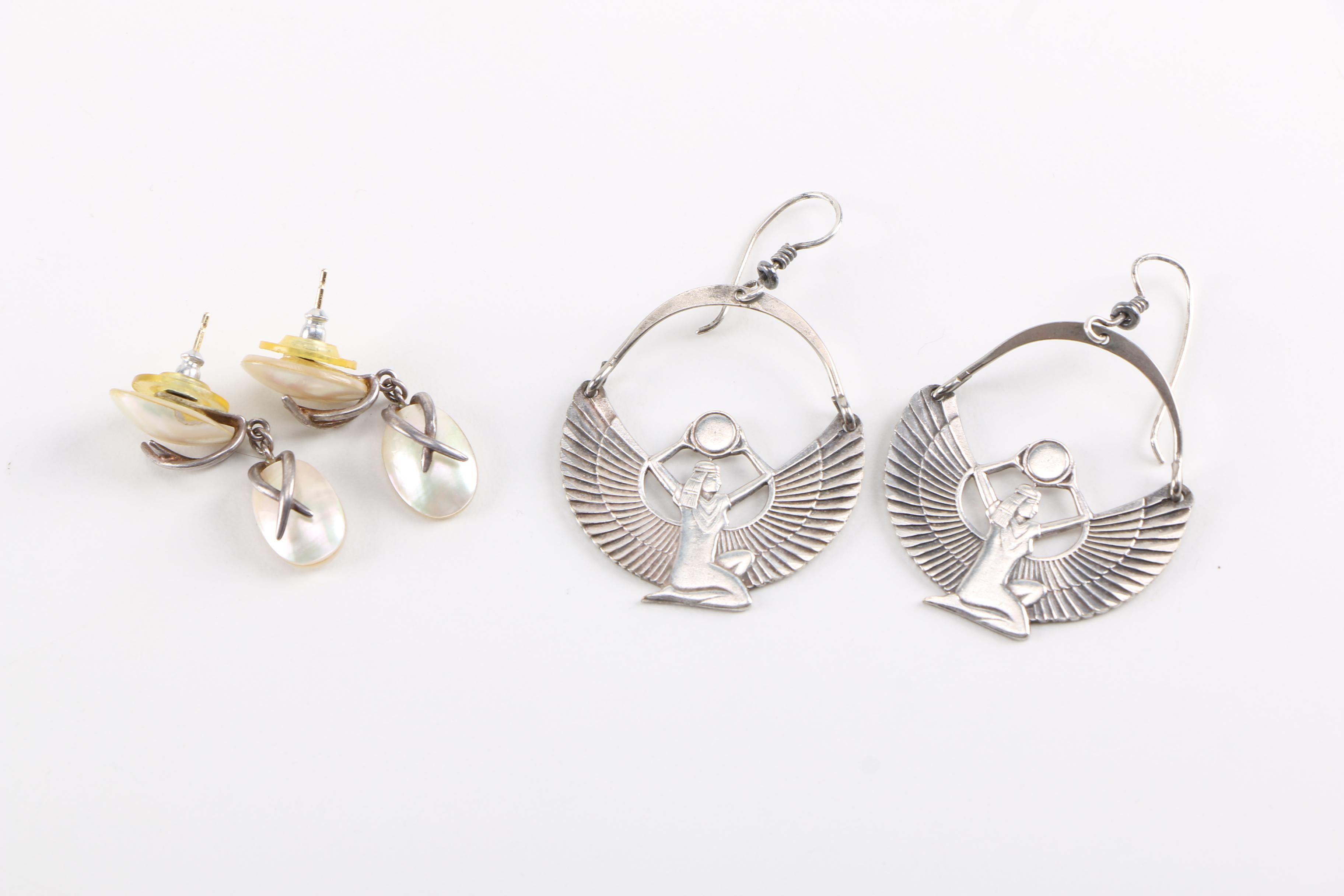 Assortment of Silver Tone Jewelry Including Abalone and Mother of Pearl Stones