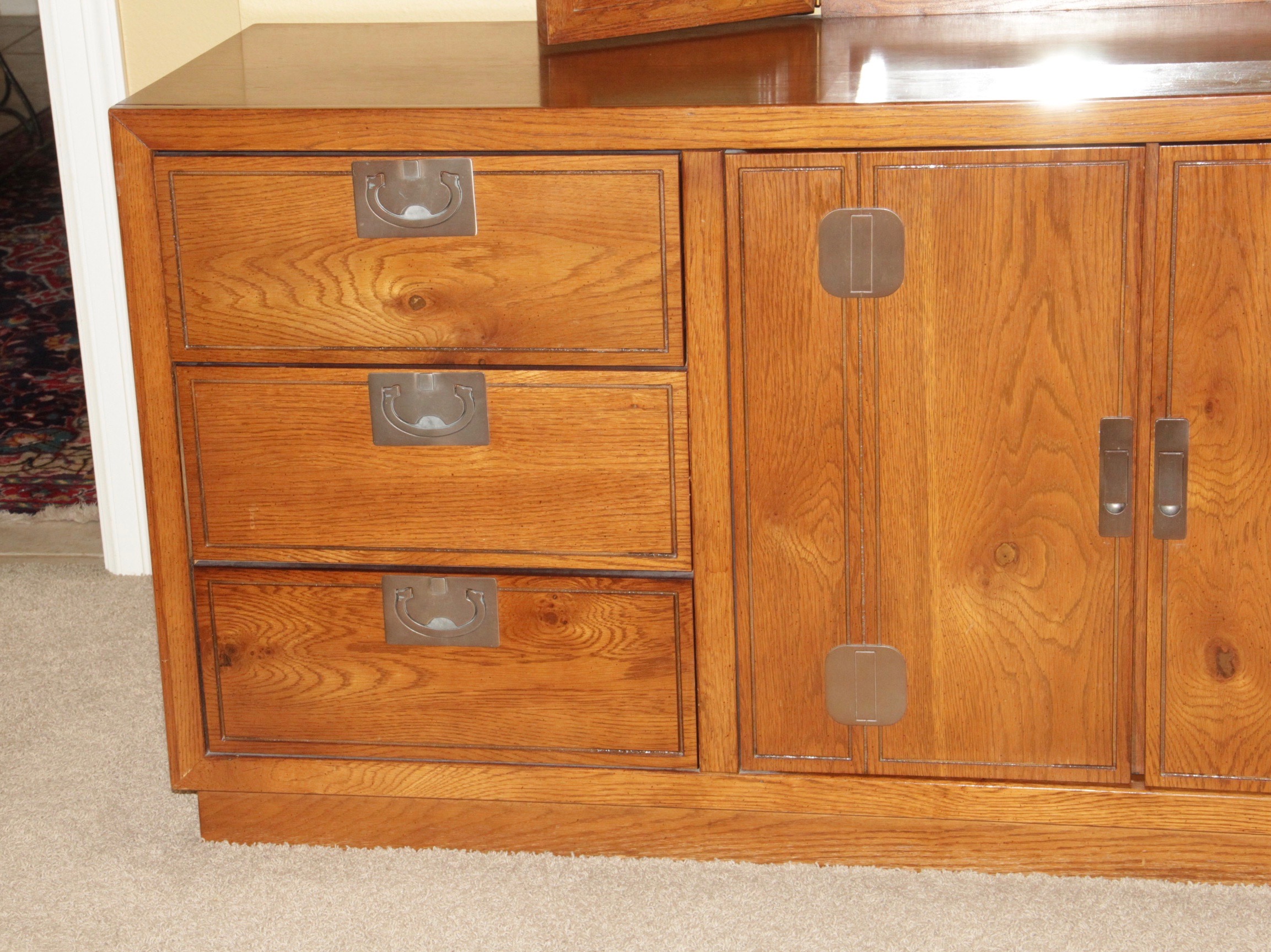 Vintage Campaign Style Oak Dresser With Mirror by Bassett