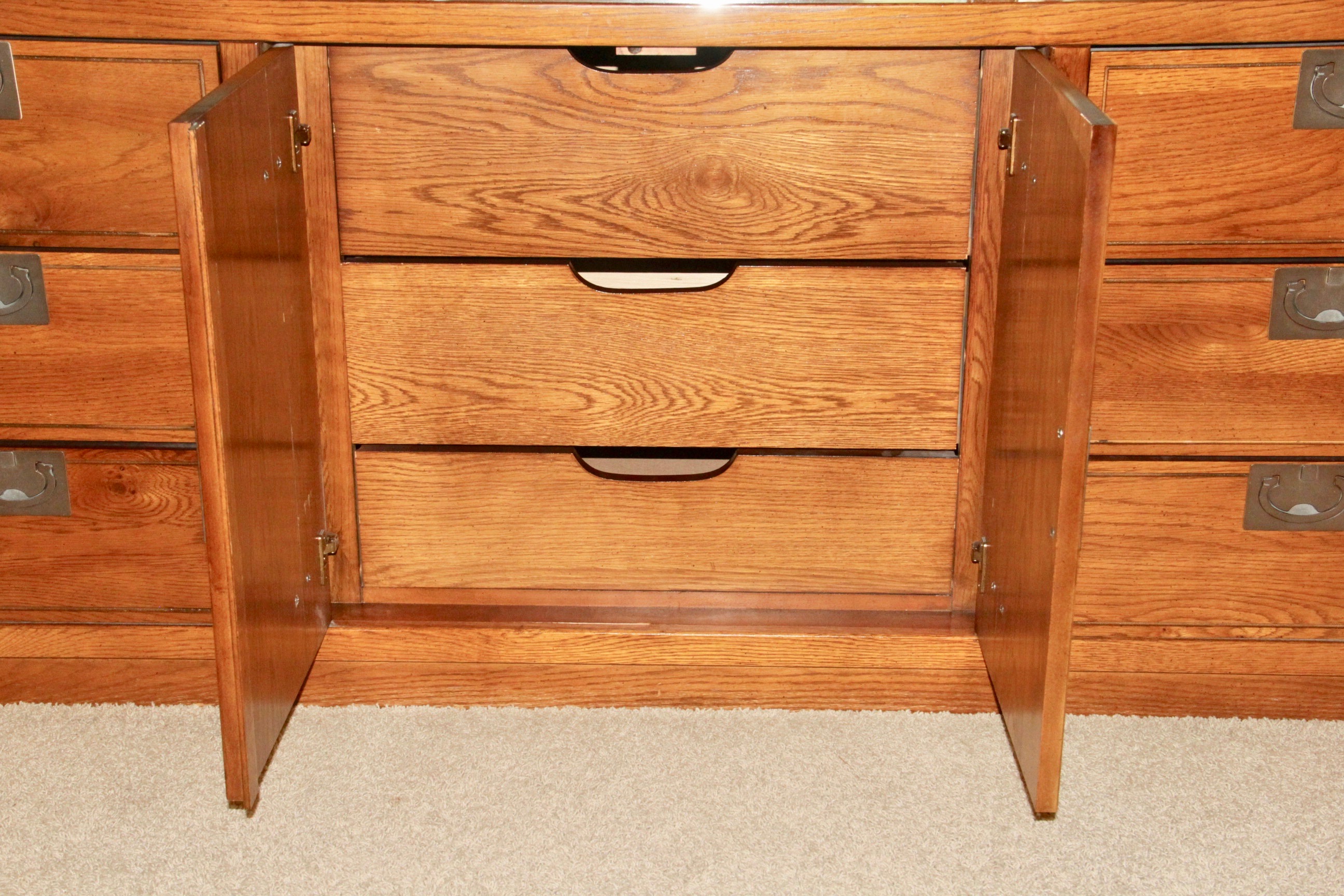 Vintage Campaign Style Oak Dresser With Mirror by Bassett