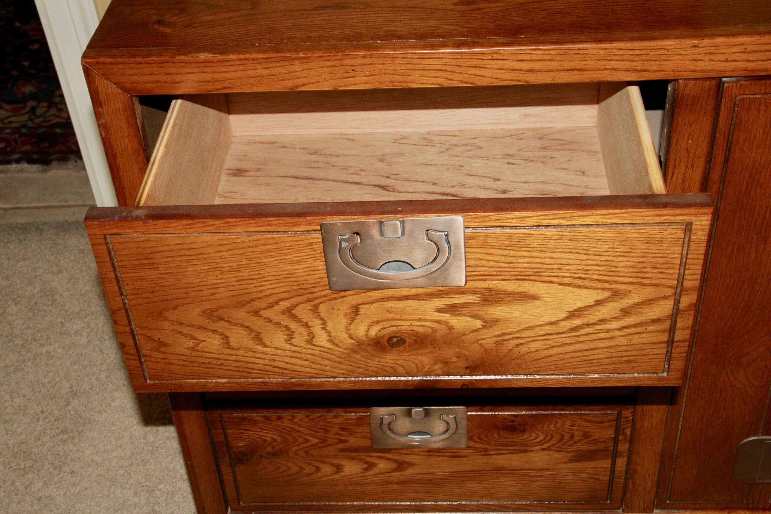 Vintage Campaign Style Oak Dresser With Mirror by Bassett
