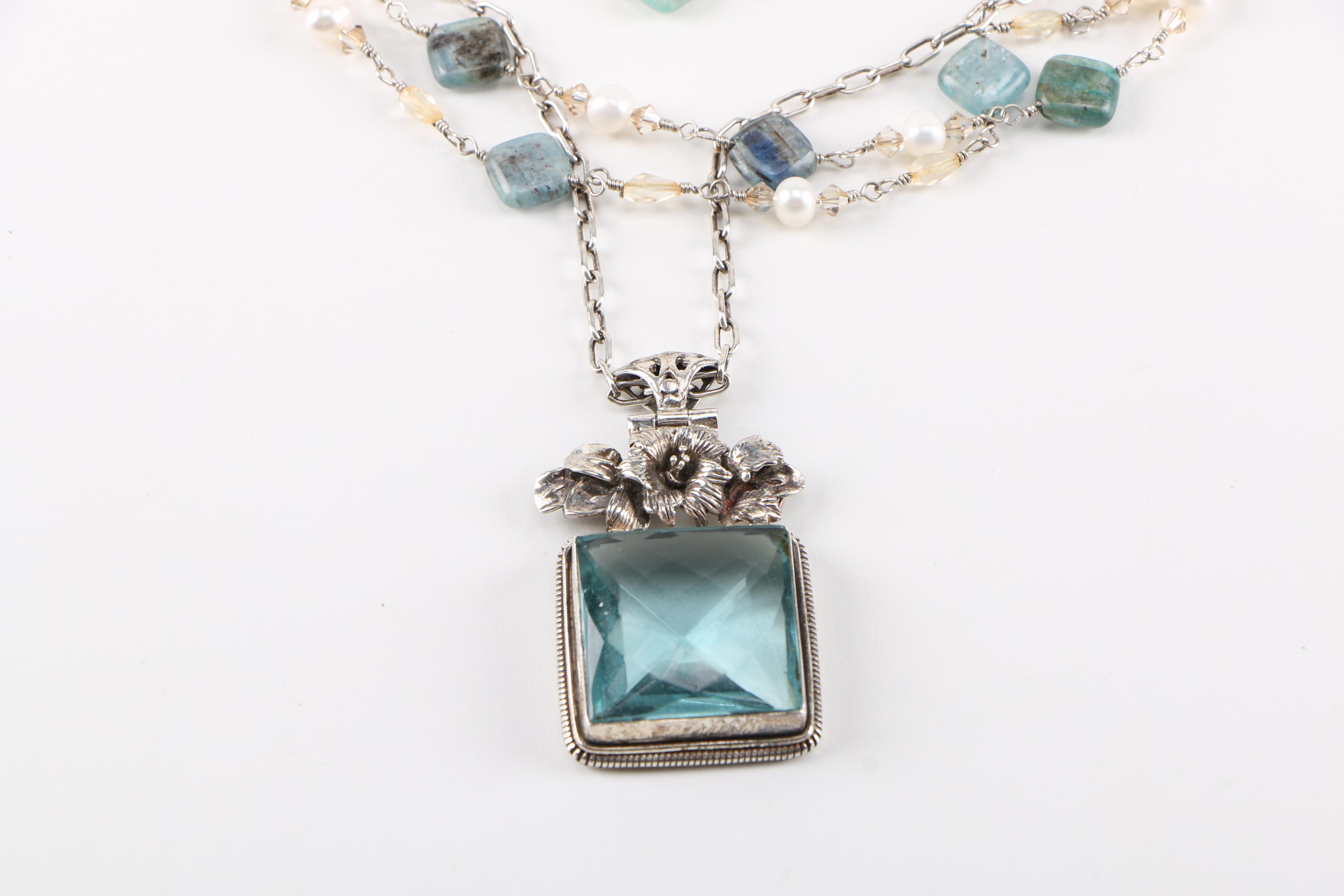 Sterling Silver Kyanite Cultured Pearl and Glass Necklace