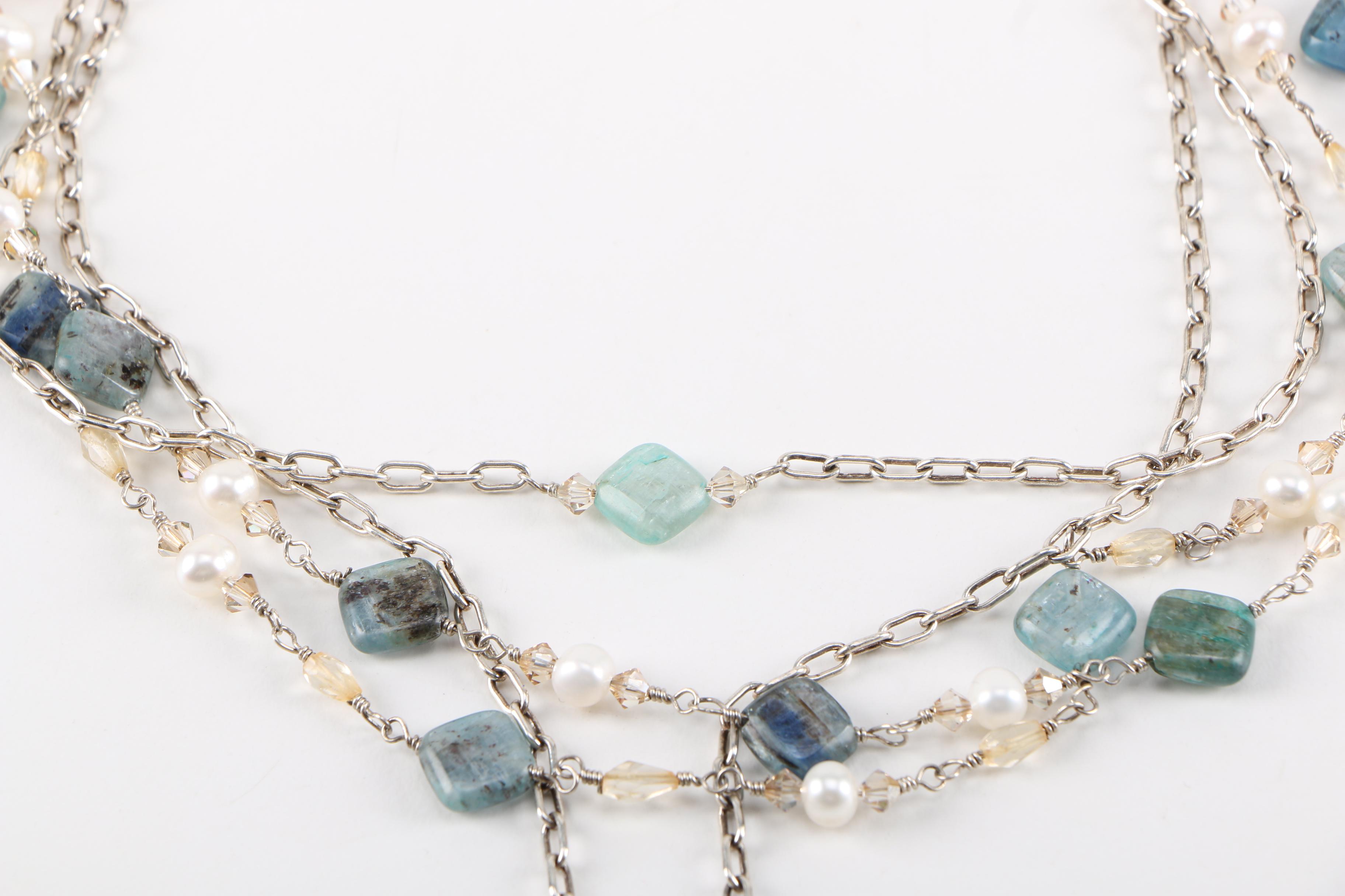 Sterling Silver Kyanite Cultured Pearl and Glass Necklace