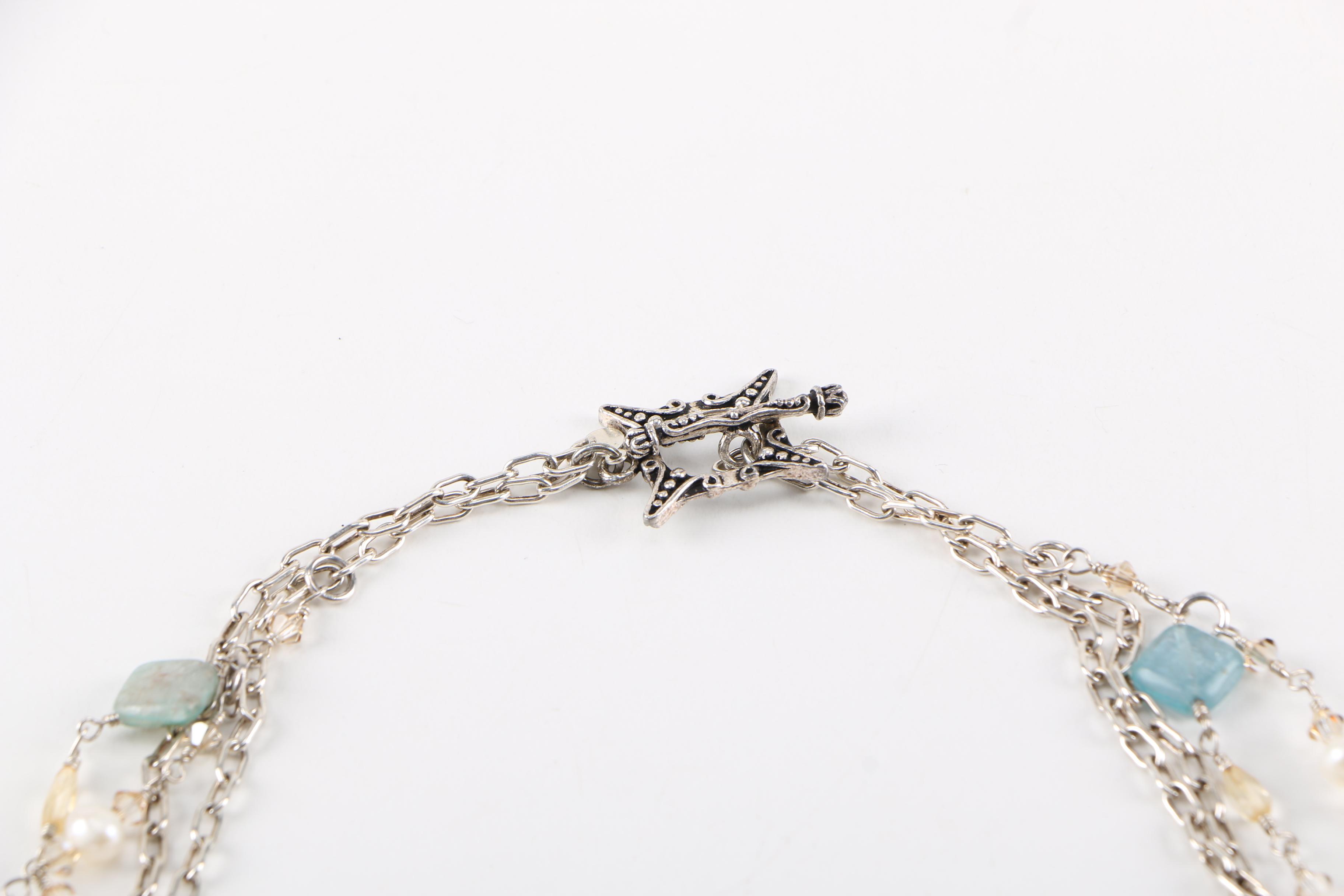 Sterling Silver Kyanite Cultured Pearl and Glass Necklace