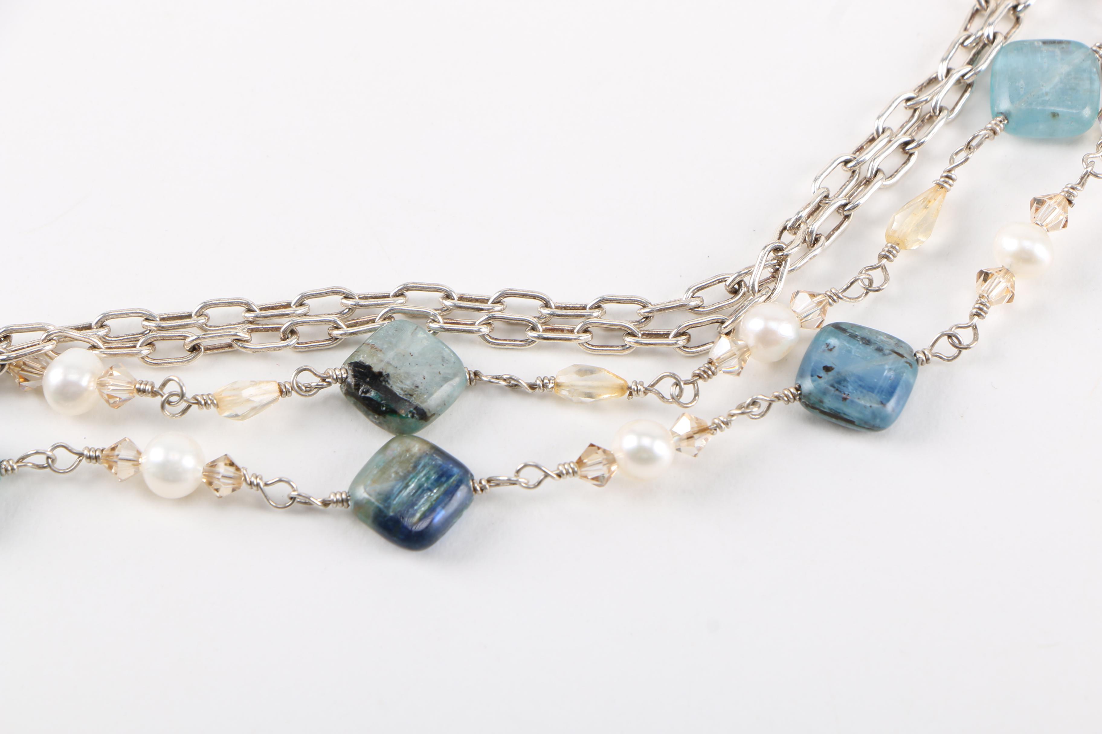 Sterling Silver Kyanite Cultured Pearl and Glass Necklace