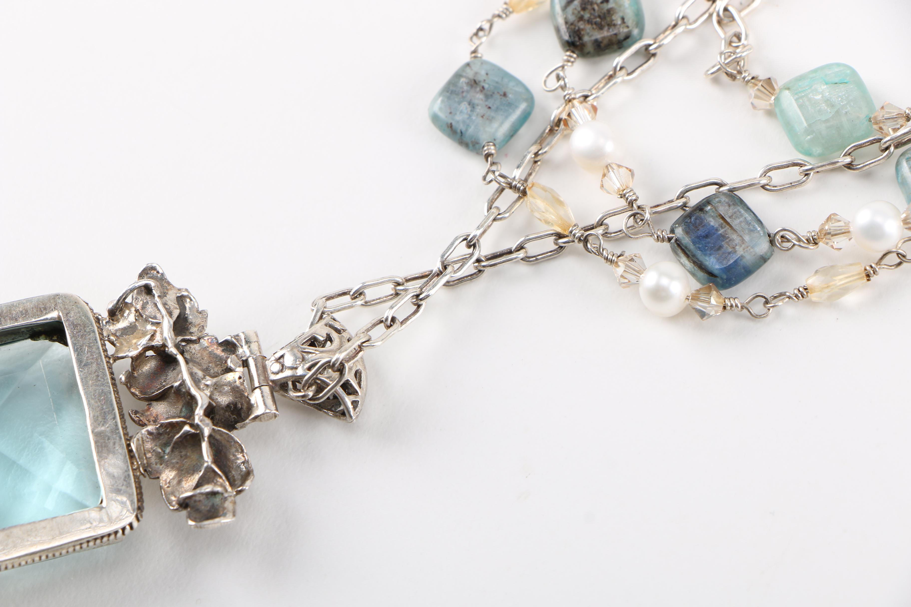 Sterling Silver Kyanite Cultured Pearl and Glass Necklace