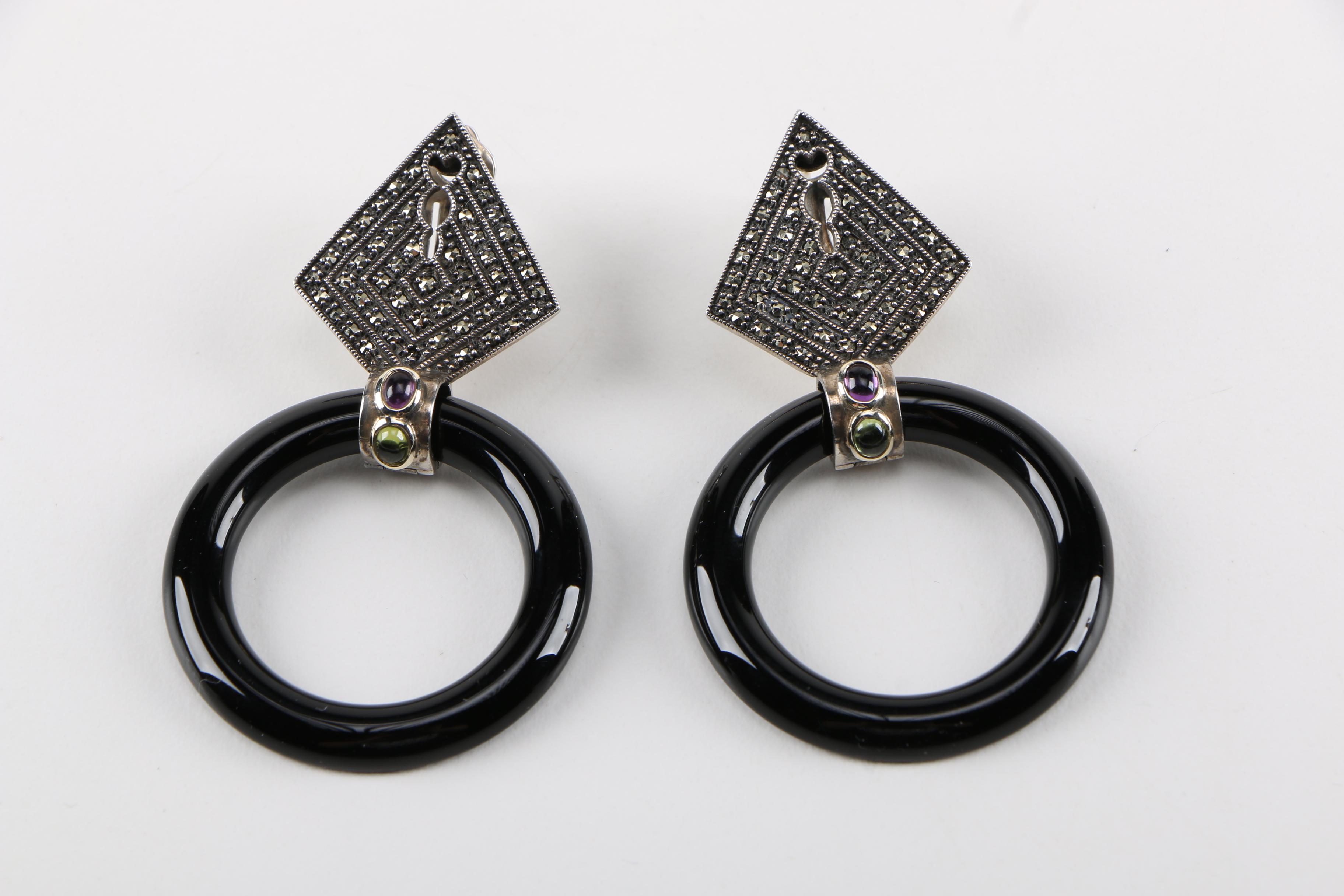 Sterling Silver Onyx and Gemstone Earrings