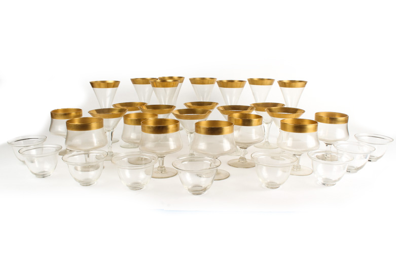 Set of Gold Rimmed Glass Barware