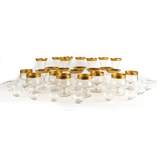Set of Gold Rimmed Glass Barware