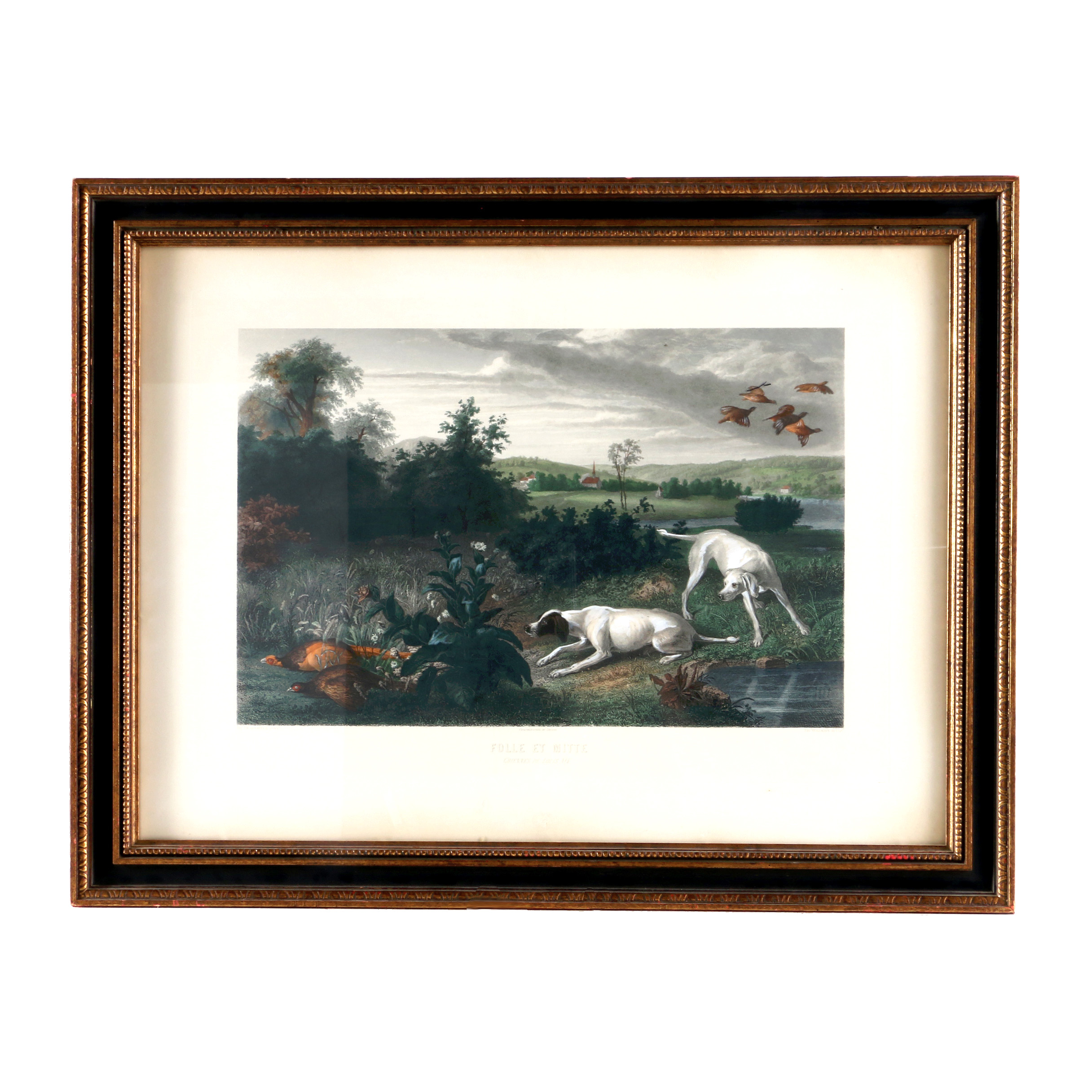 Ed Willmann Hand Colored Engraving With Gouache After Alexander Francois Desportes "Folle Et Mitte Chiennes De Louis XIV"