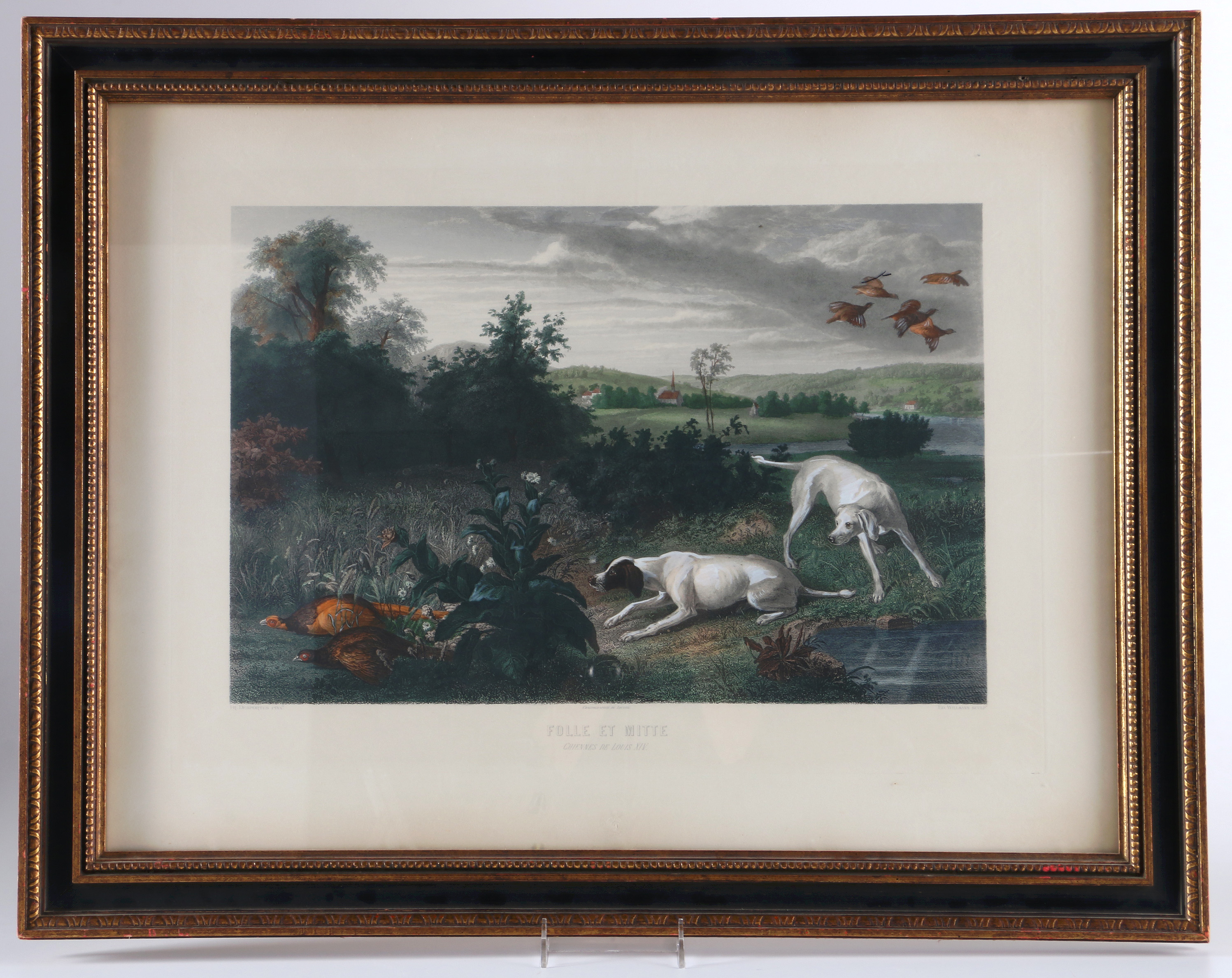 Ed Willmann Hand Colored Engraving With Gouache After Alexander Francois Desportes "Folle Et Mitte Chiennes De Louis XIV"