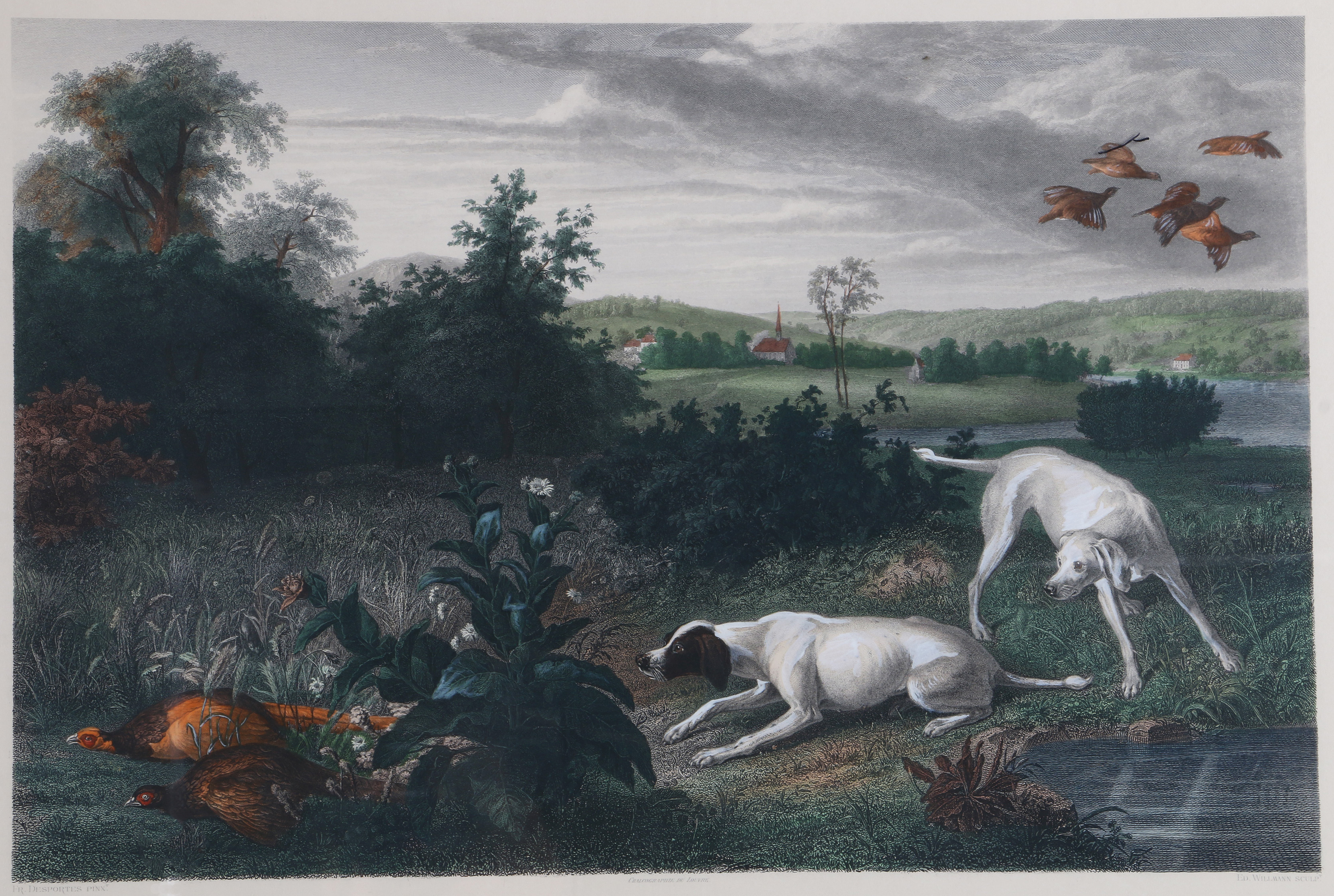 Ed Willmann Hand Colored Engraving With Gouache After Alexander Francois Desportes "Folle Et Mitte Chiennes De Louis XIV"