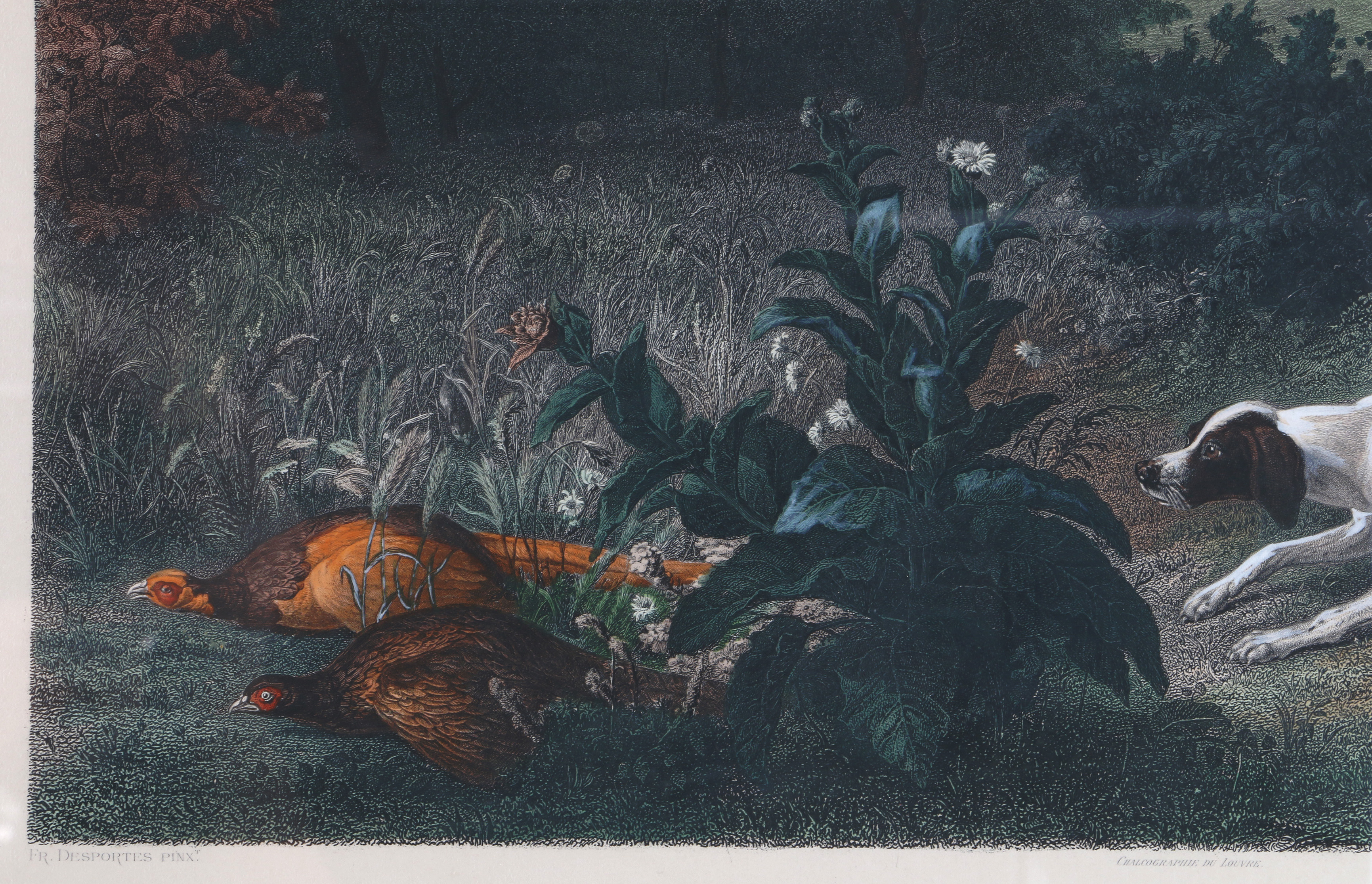 Ed Willmann Hand Colored Engraving With Gouache After Alexander Francois Desportes "Folle Et Mitte Chiennes De Louis XIV"