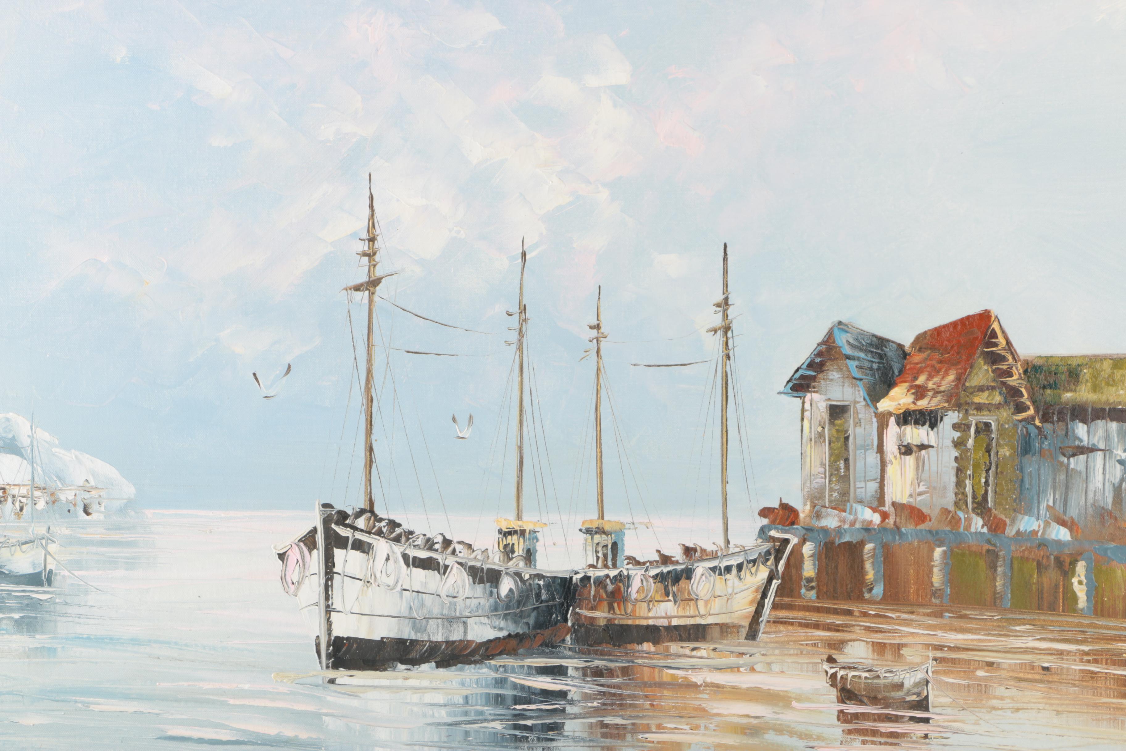 W. Jones Maritime Landscape Oil Painting on Canvas