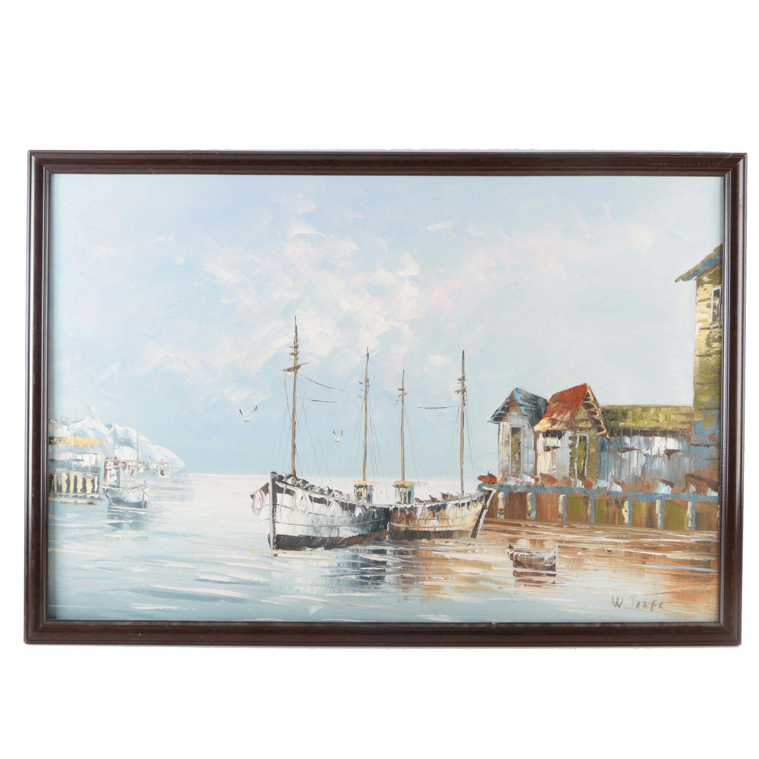 W. Jones Maritime Landscape Oil Painting on Canvas