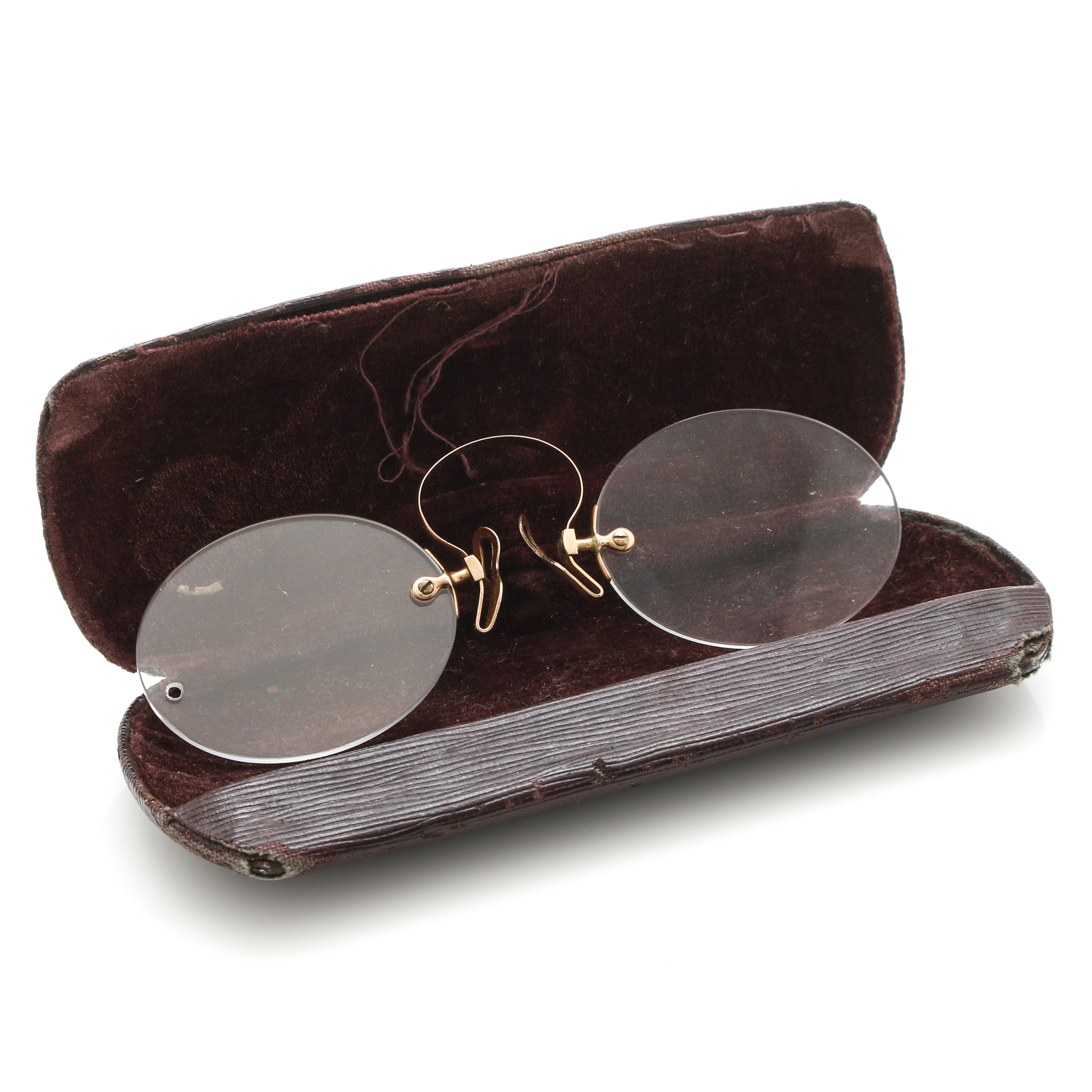 Pince-nez Spectacles with 10K Yellow Gold Spring Bridge and Carrying Case
