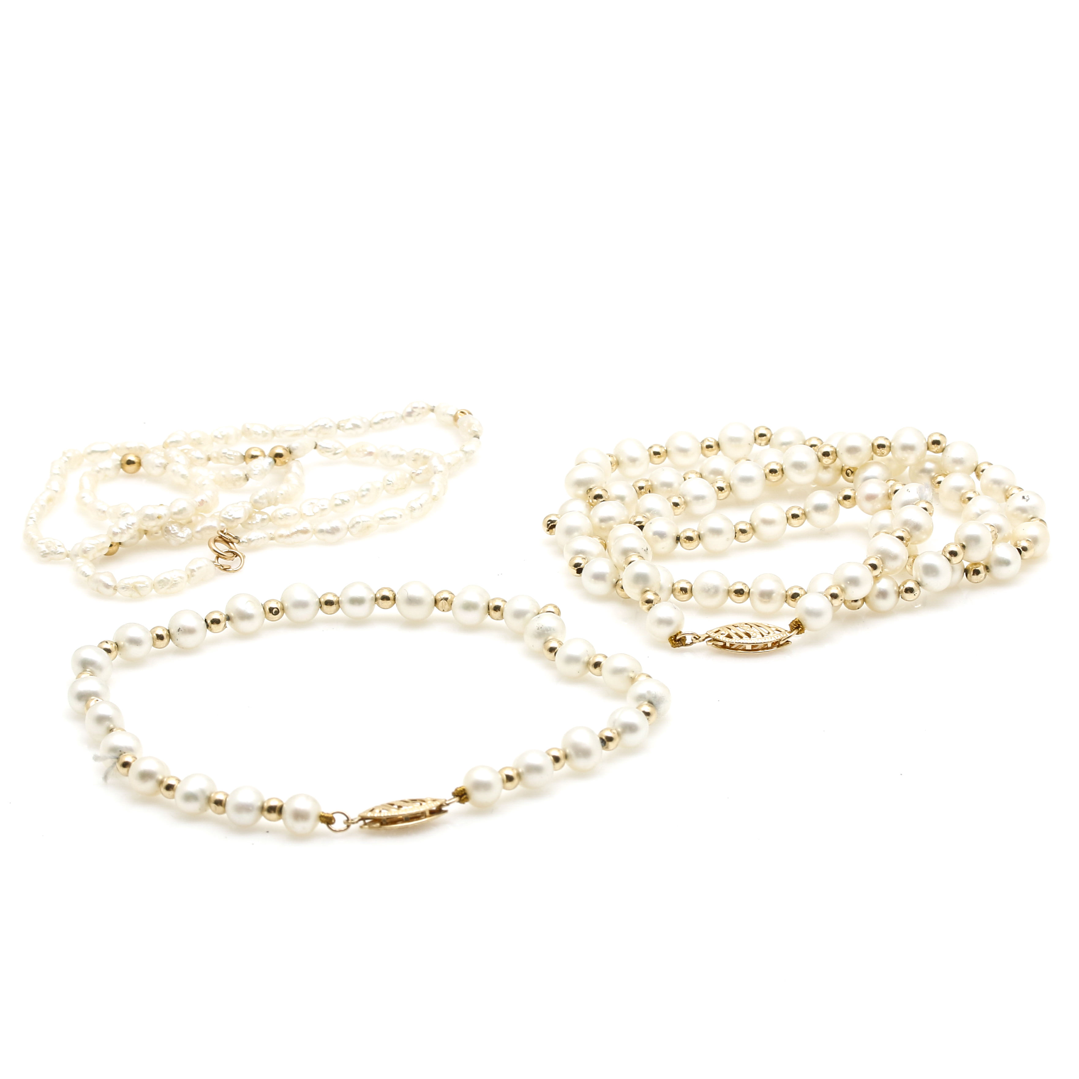 14K Yellow Gold Pearl Necklaces and Bracelet Set