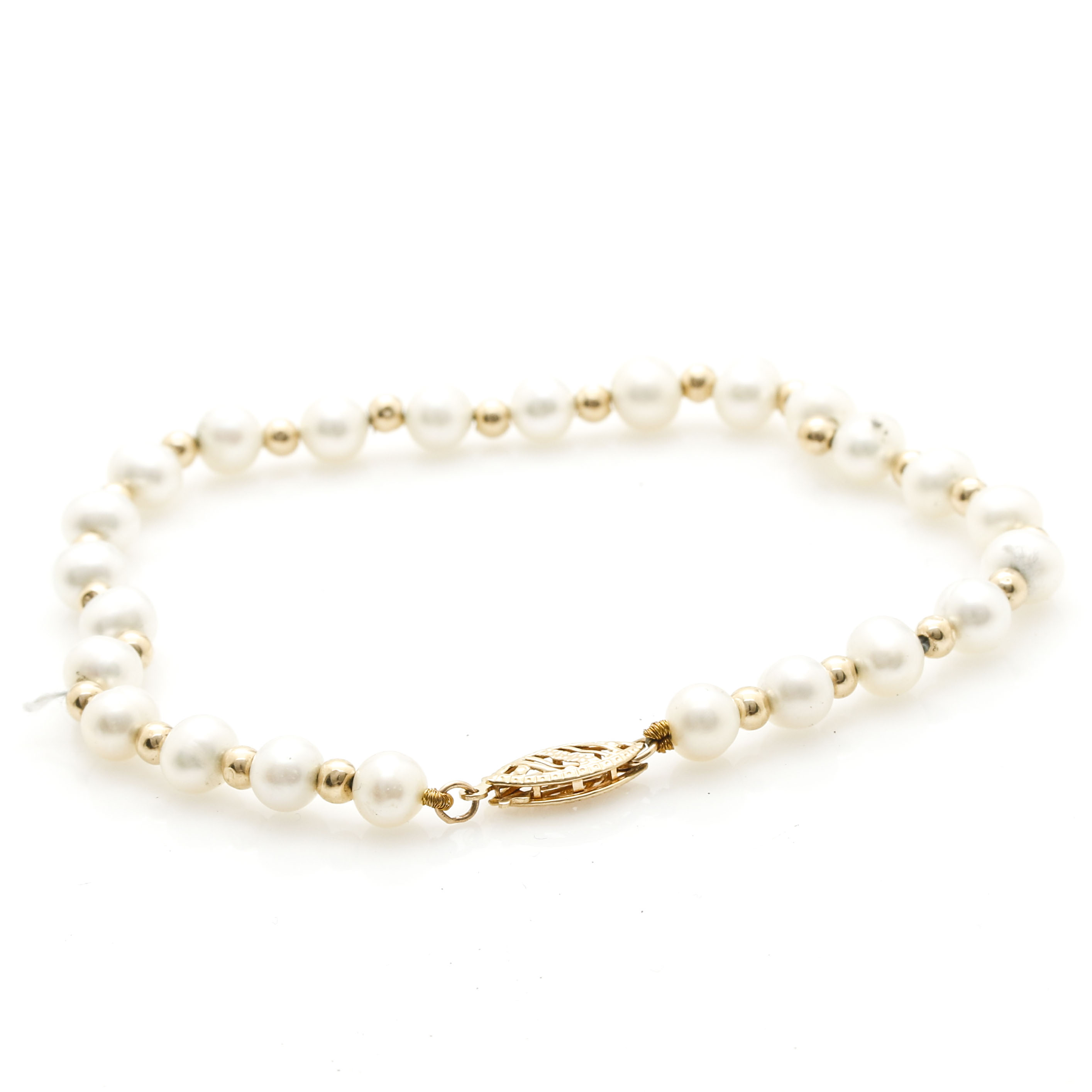 14K Yellow Gold Pearl Necklaces and Bracelet Set