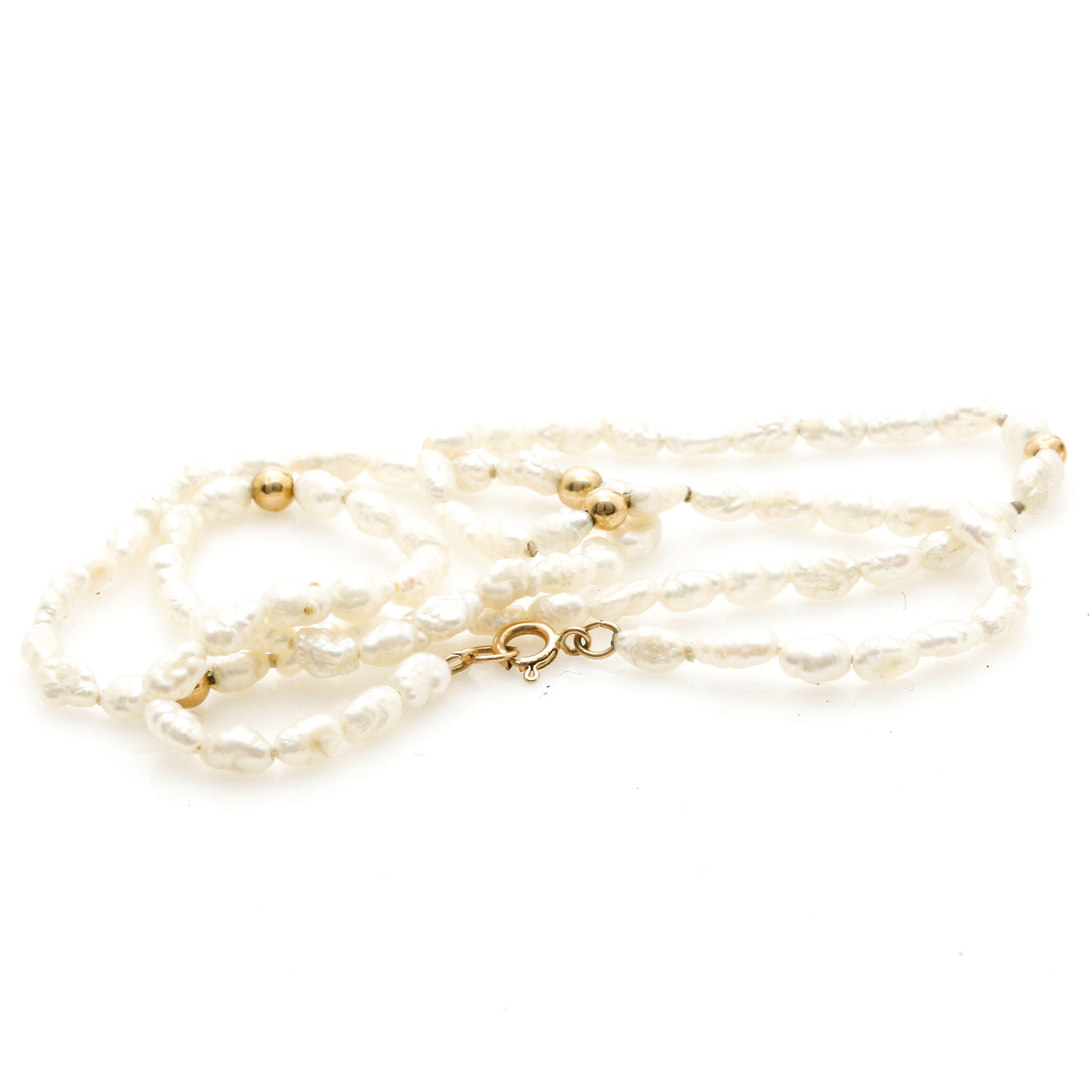14K Yellow Gold Pearl Necklaces and Bracelet Set