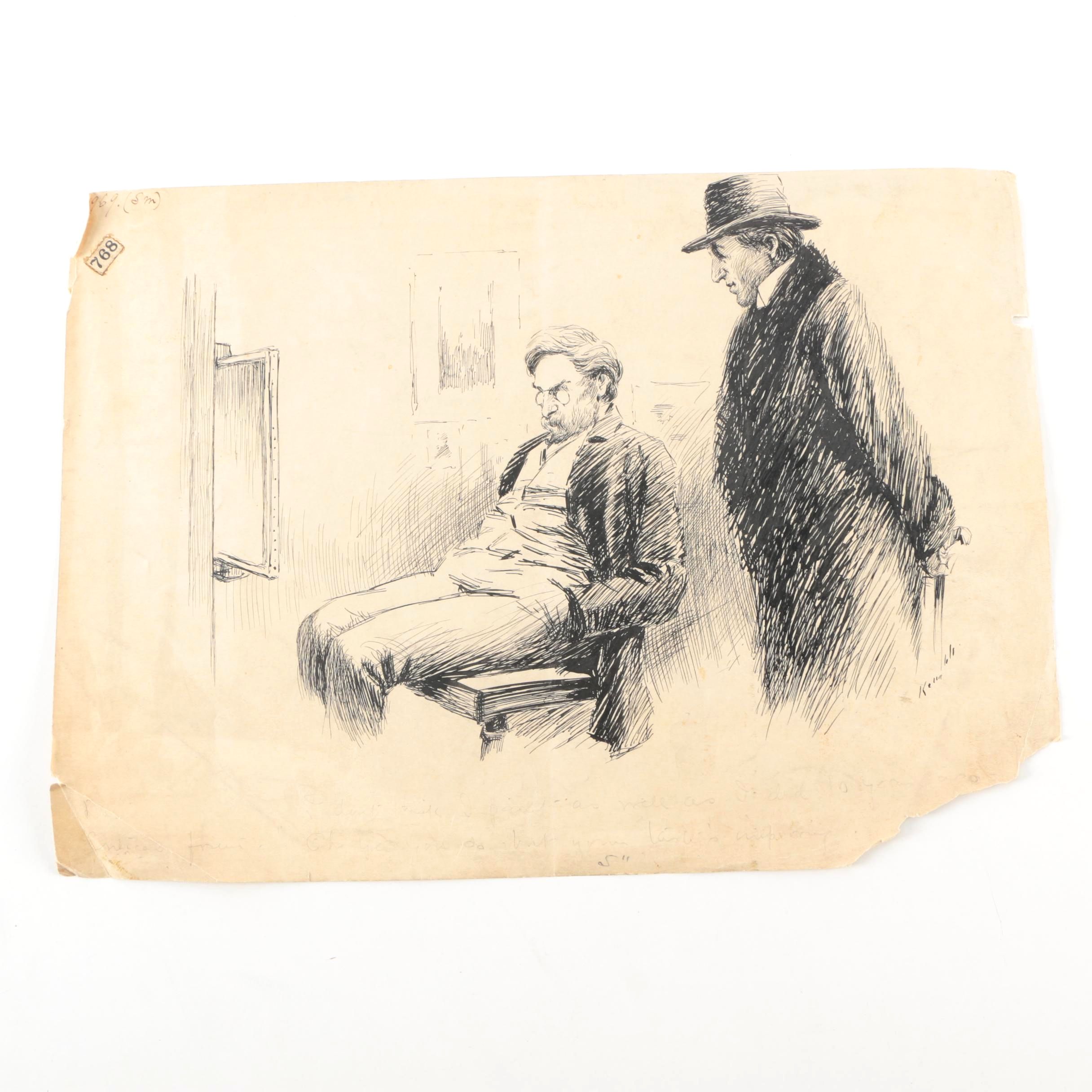 John Kelly Early 20th Century Ink Drawing on Paper