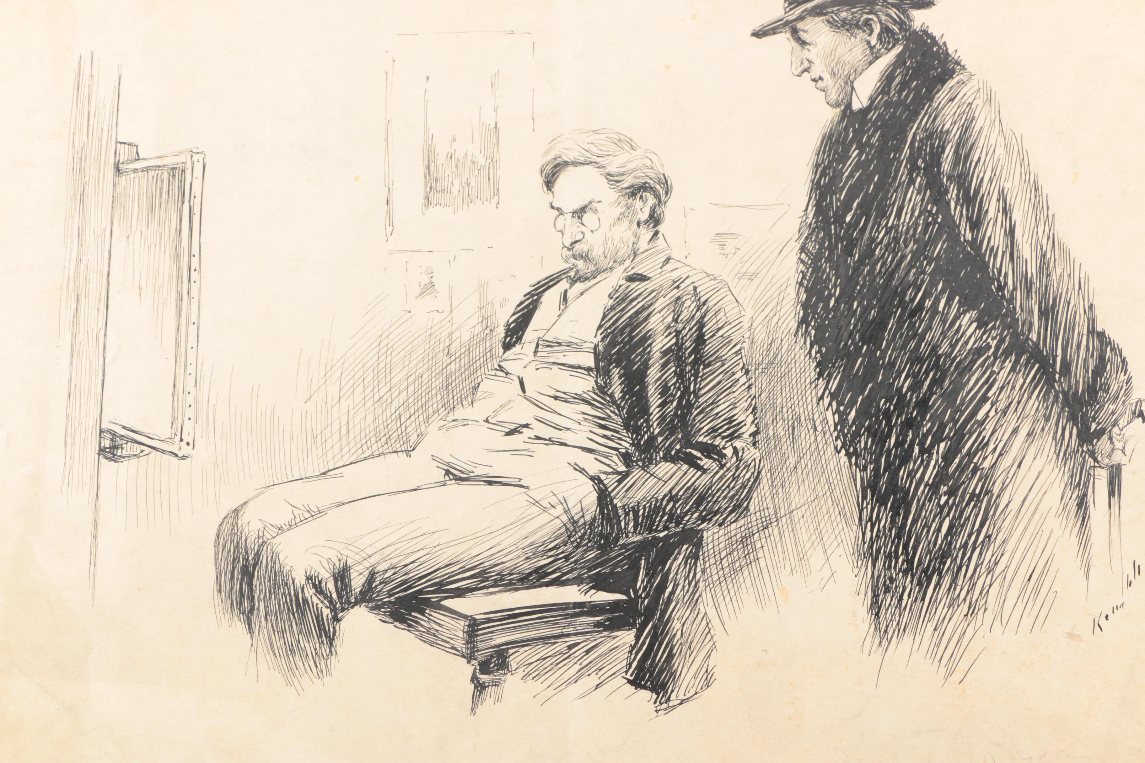 John Kelly Early 20th Century Ink Drawing on Paper