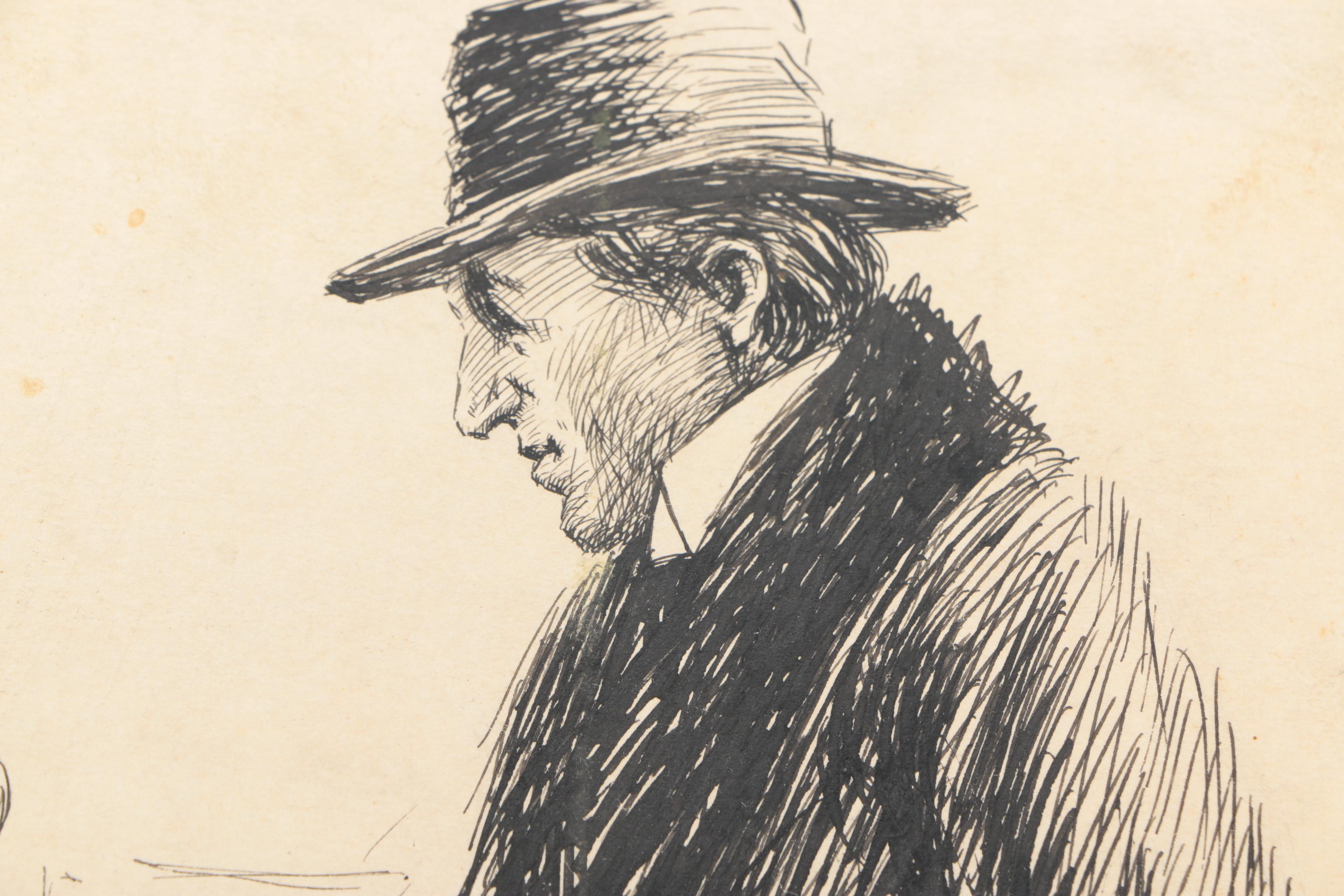 John Kelly Early 20th Century Ink Drawing on Paper