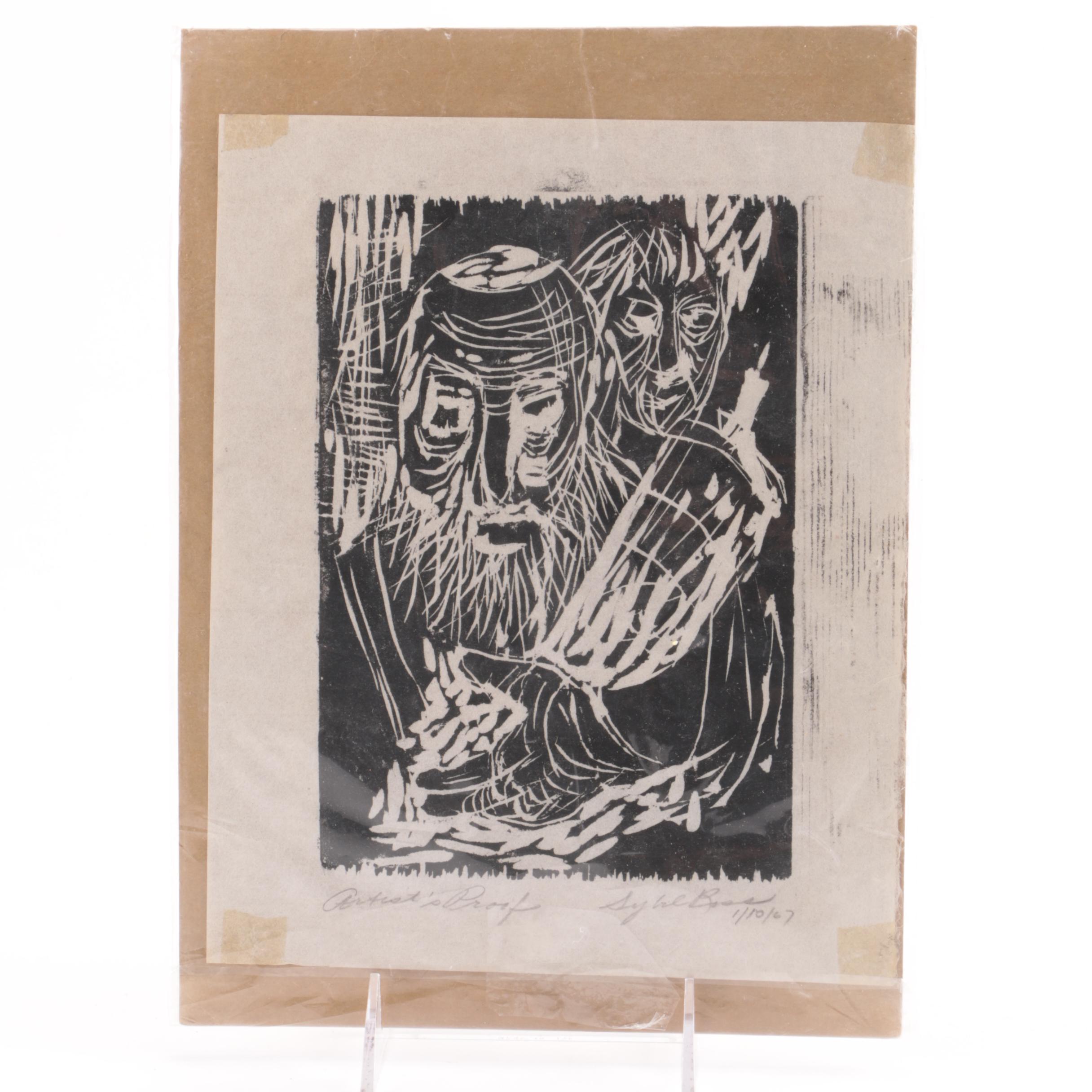 Woodblock Print of a Rabbi Holding a Torah Scroll