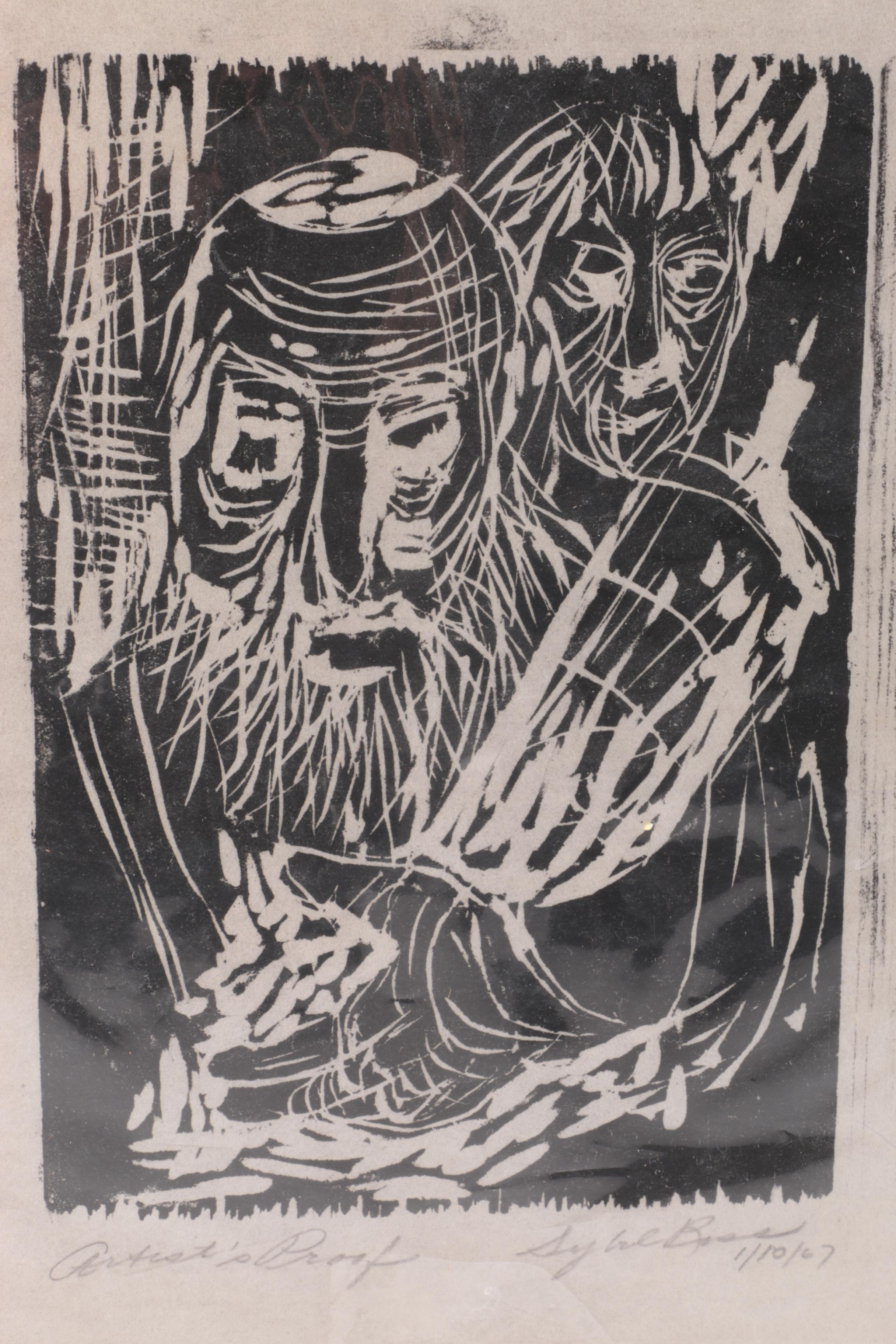 Woodblock Print of a Rabbi Holding a Torah Scroll