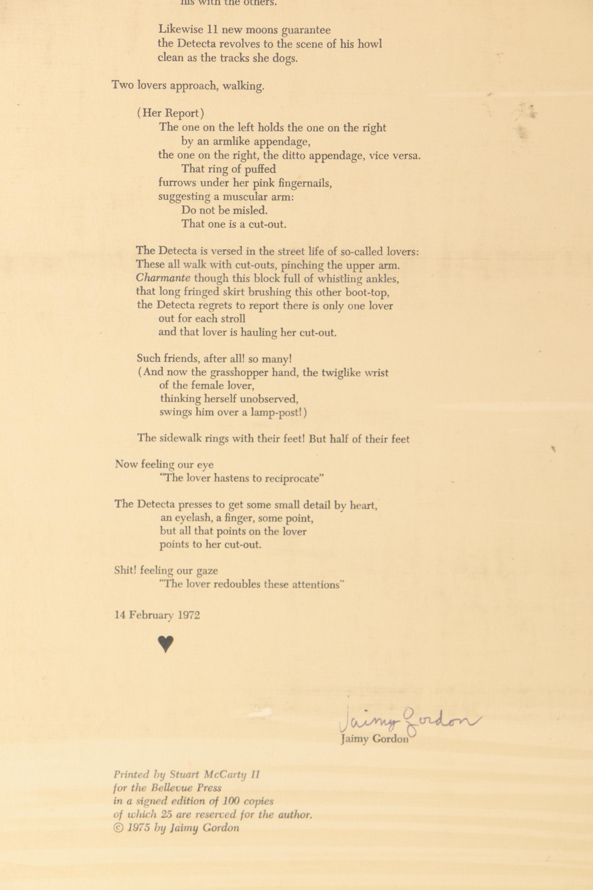 Signed Poem By Jaimy Gordon "A Street Lab By The Detecta"