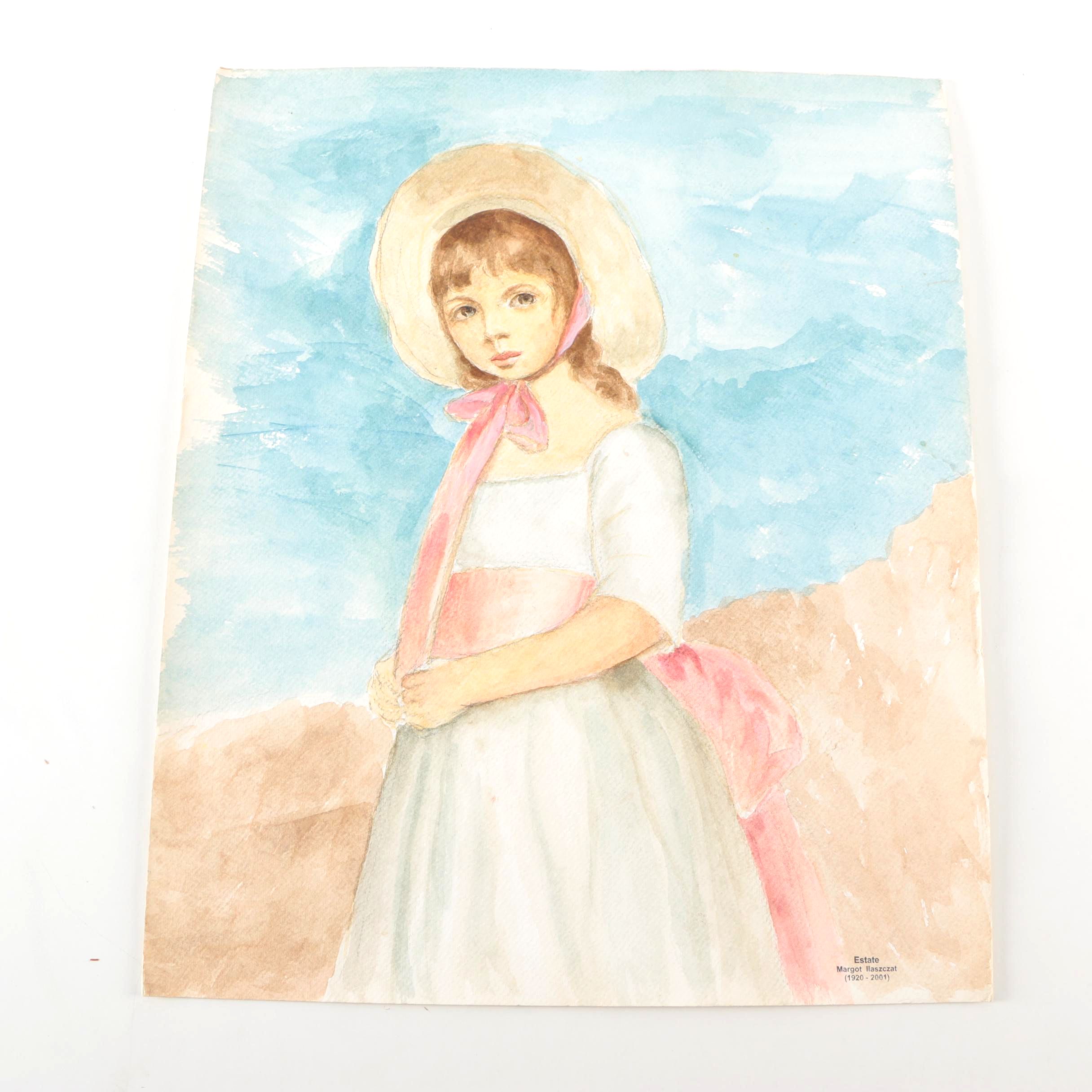 Watercolor Portrait of Young Girl From the Estate of Margot Ilaszczat