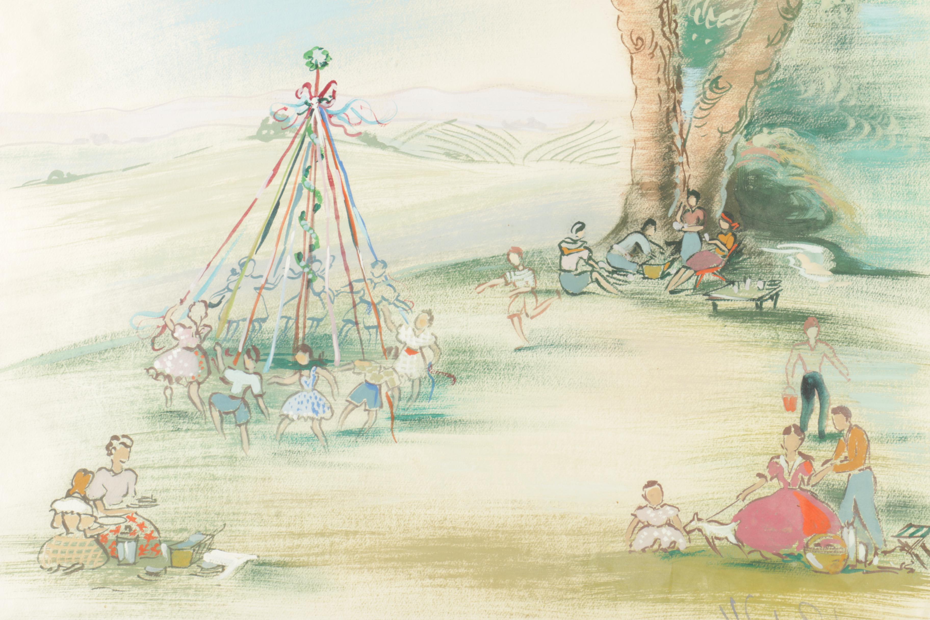 Howard Ward Gouache Painting on Paper "Maypole"