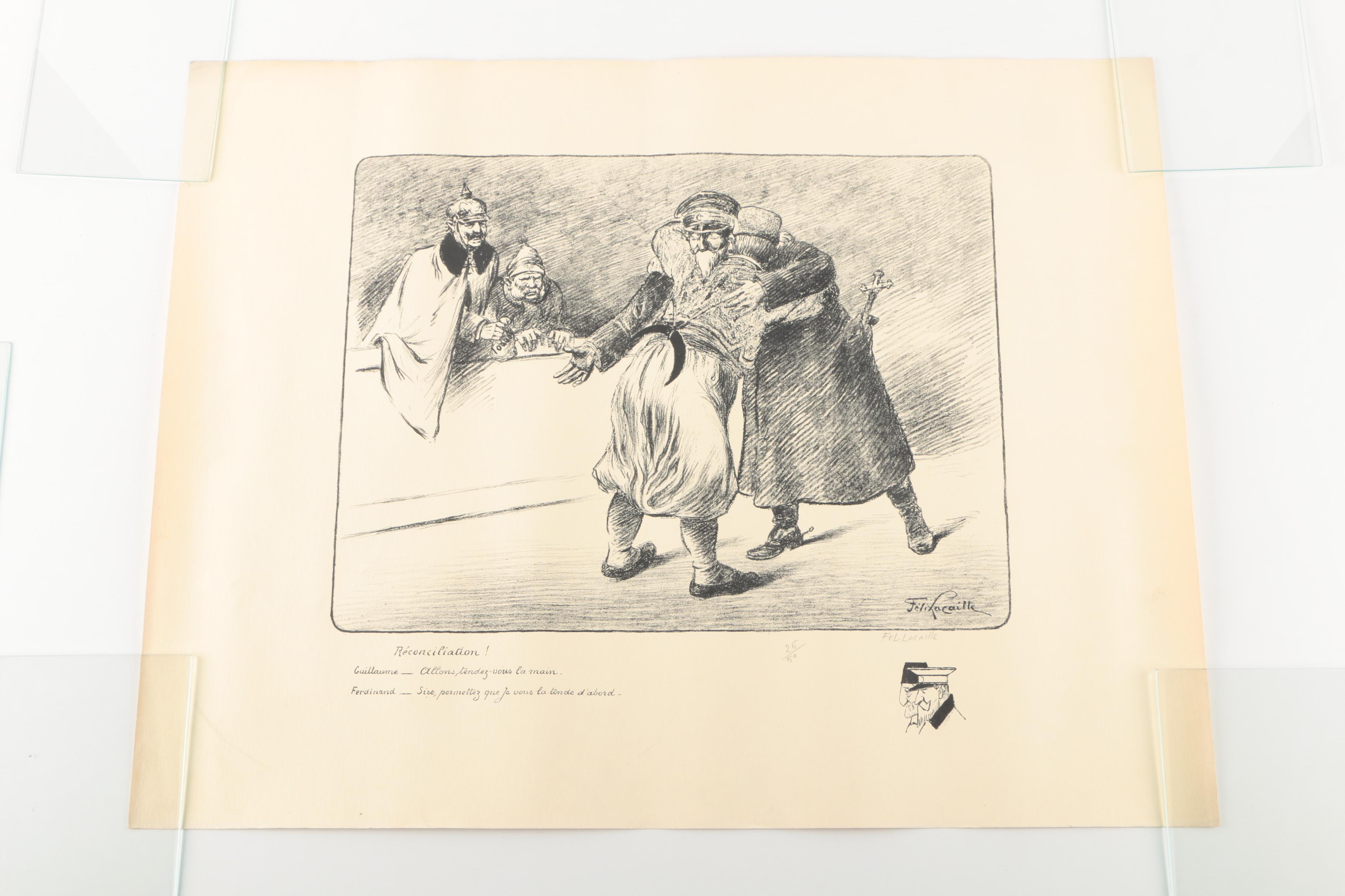 Antique WWI Signed Etchings of Political Cartoons