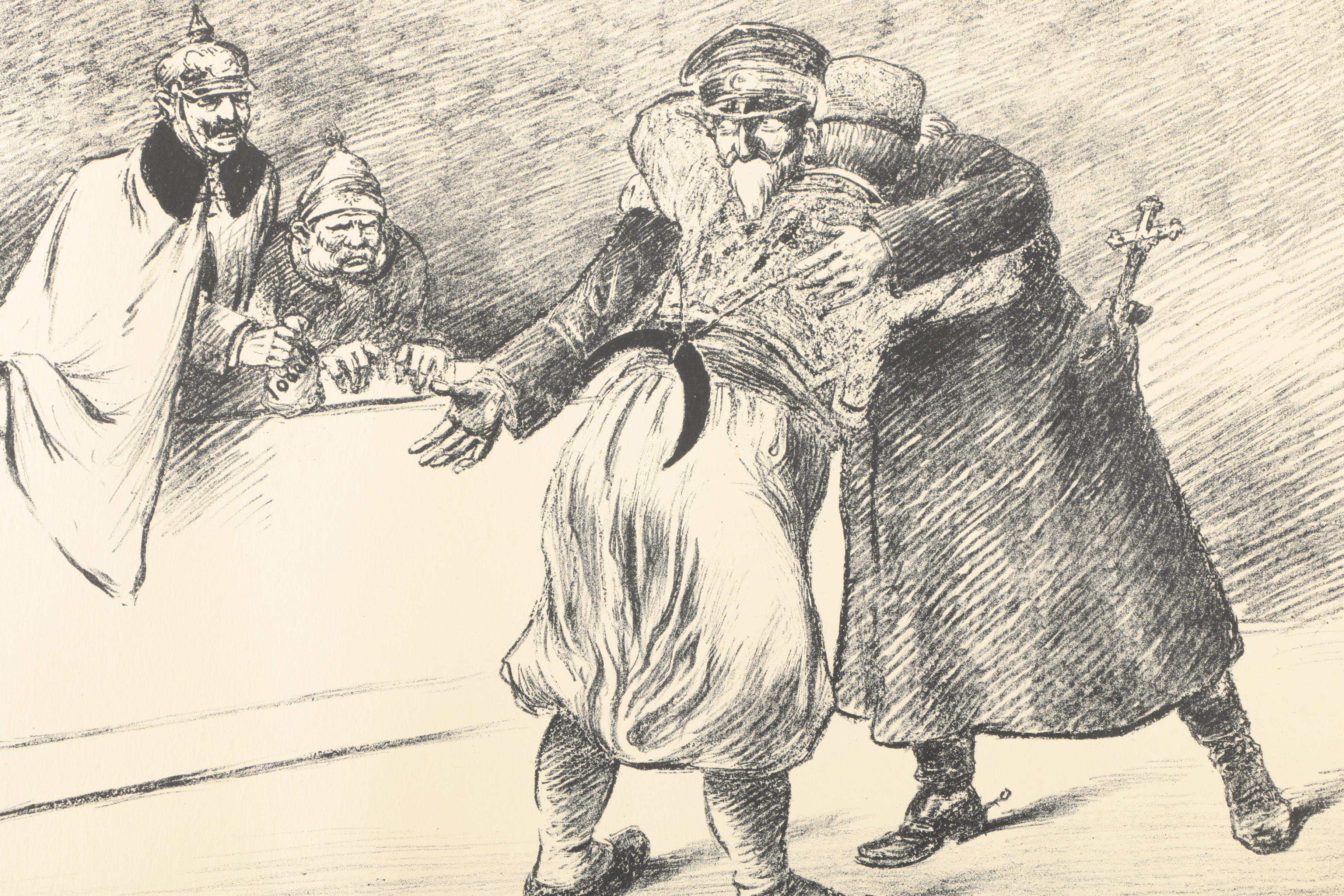 Antique WWI Signed Etchings of Political Cartoons