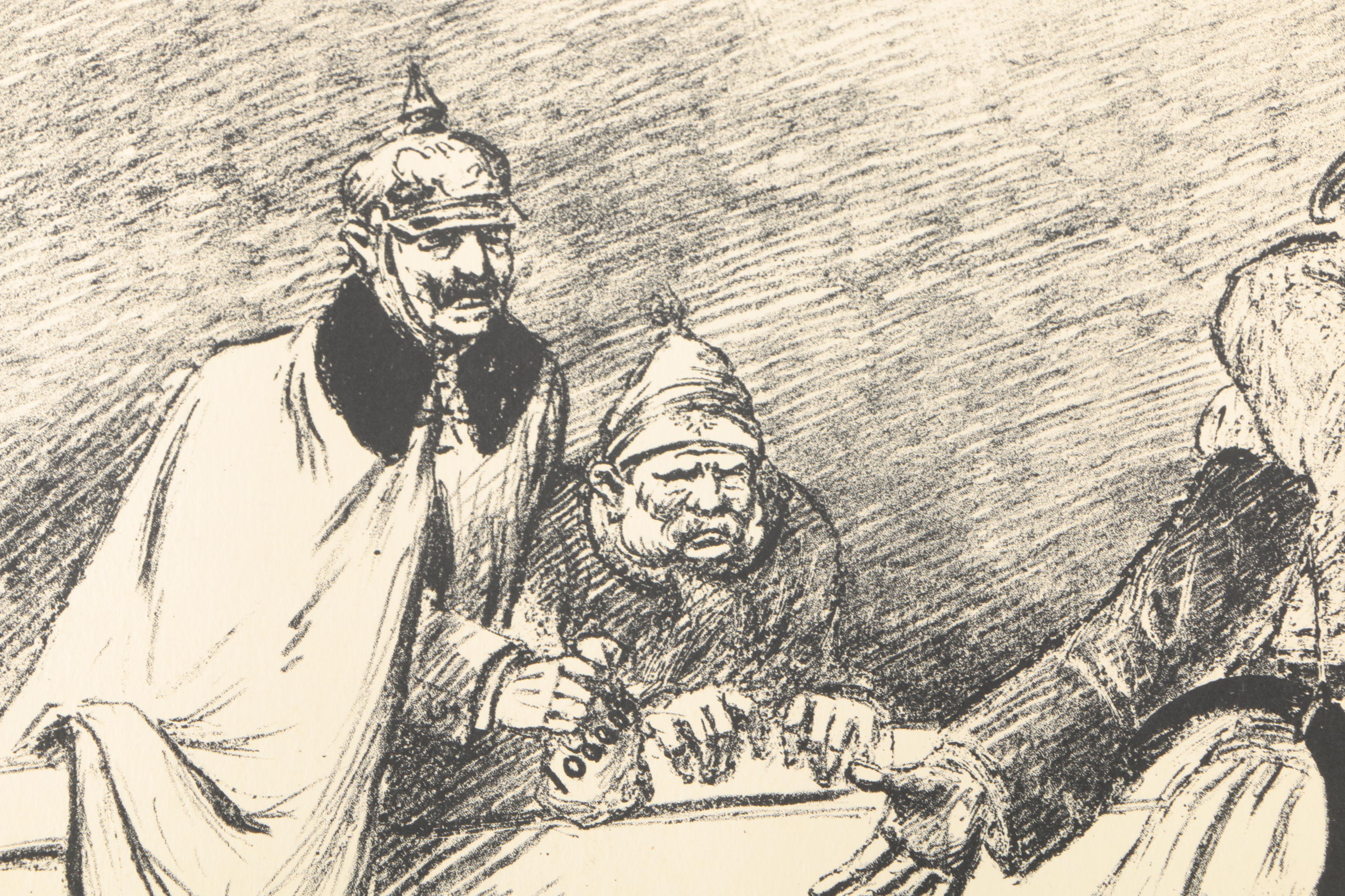 Antique WWI Signed Etchings of Political Cartoons