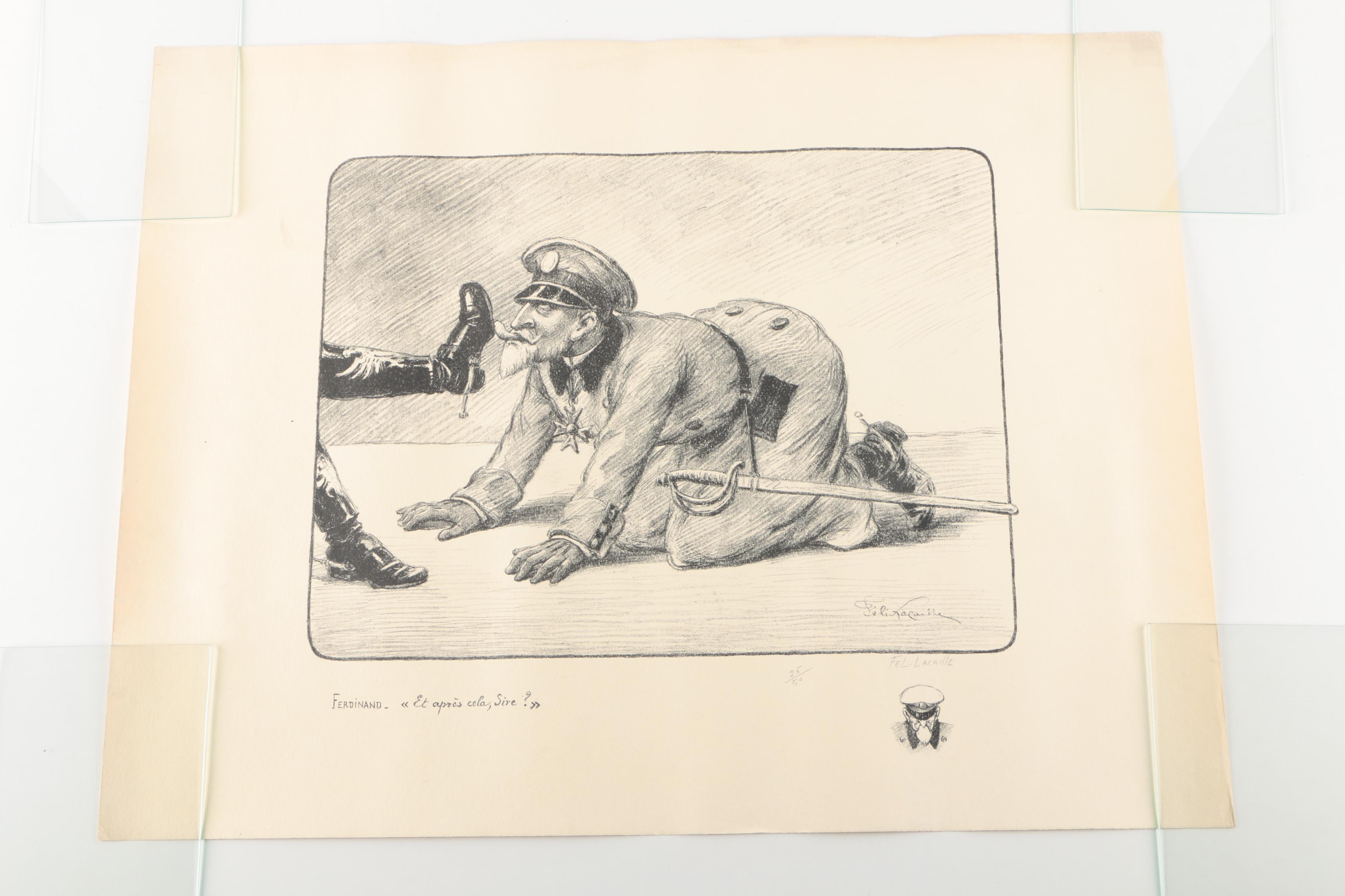 Antique WWI Signed Etchings of Political Cartoons