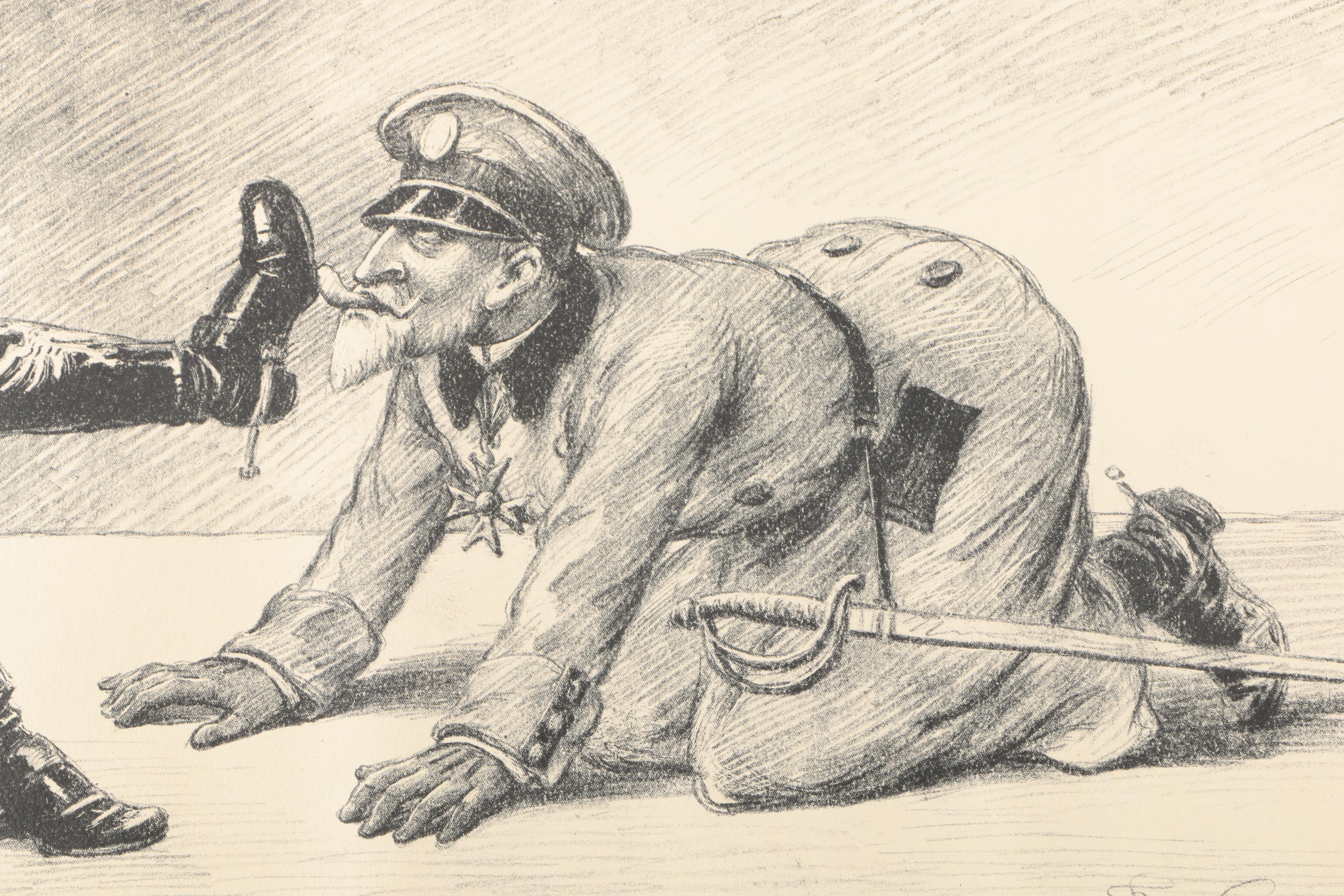 Antique WWI Signed Etchings of Political Cartoons