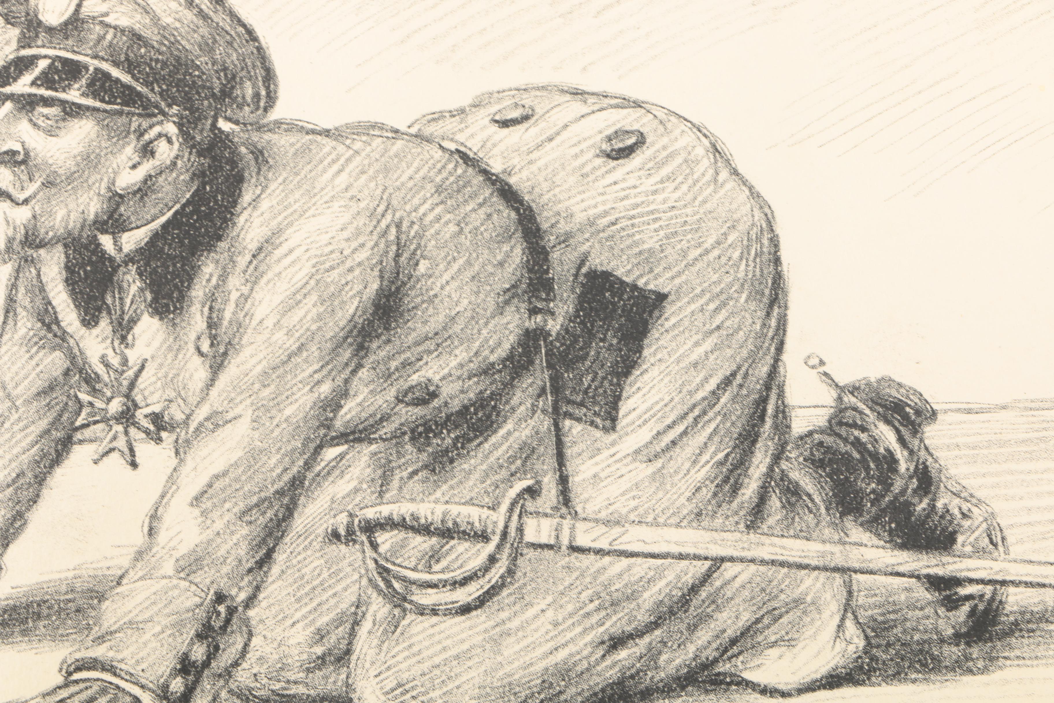 Antique WWI Signed Etchings of Political Cartoons