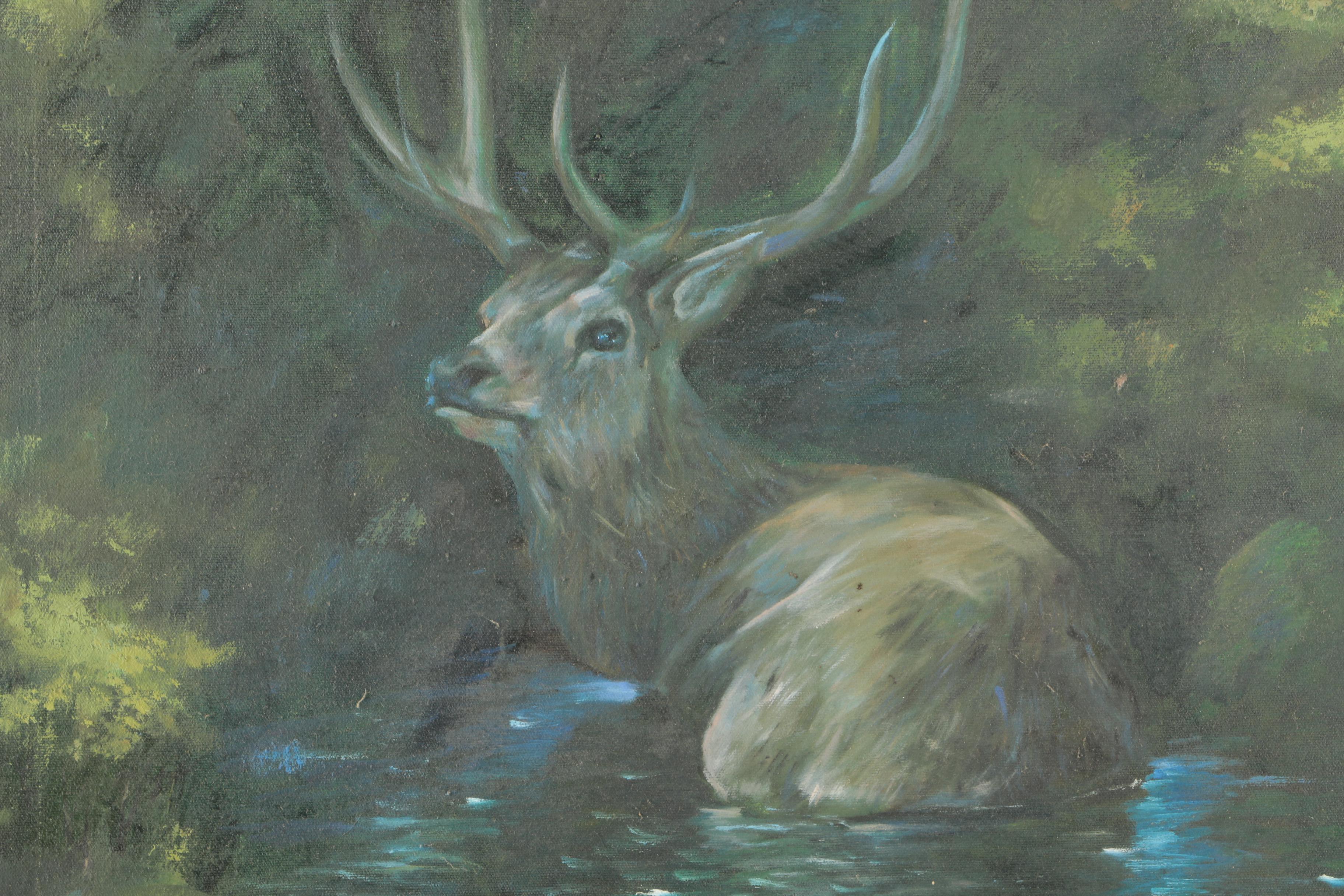 Oil Painting on Canvas of a Bathing Elk