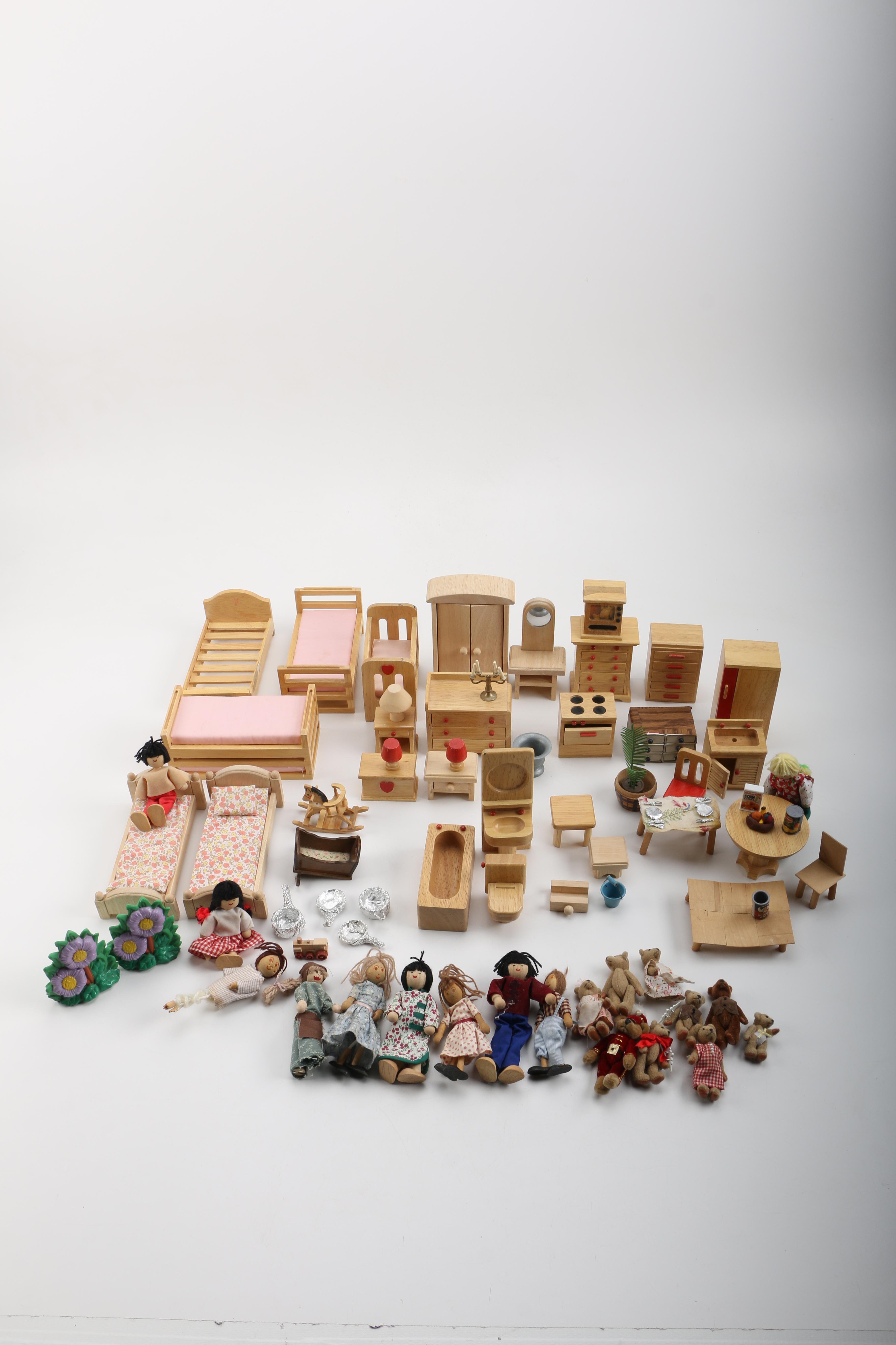 Wooden Dolls and Dollhouse Furniture
