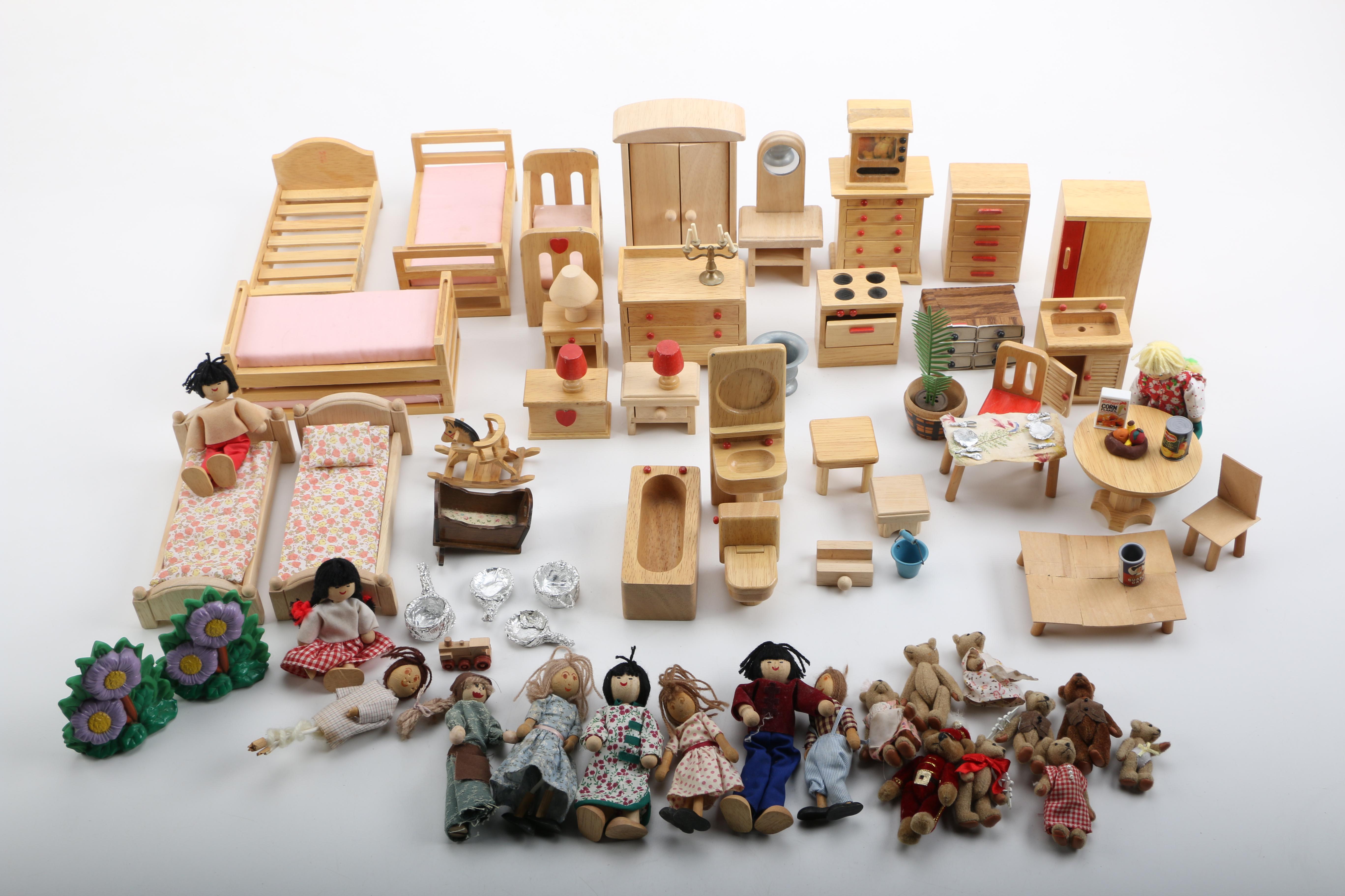 Wooden Dolls and Dollhouse Furniture