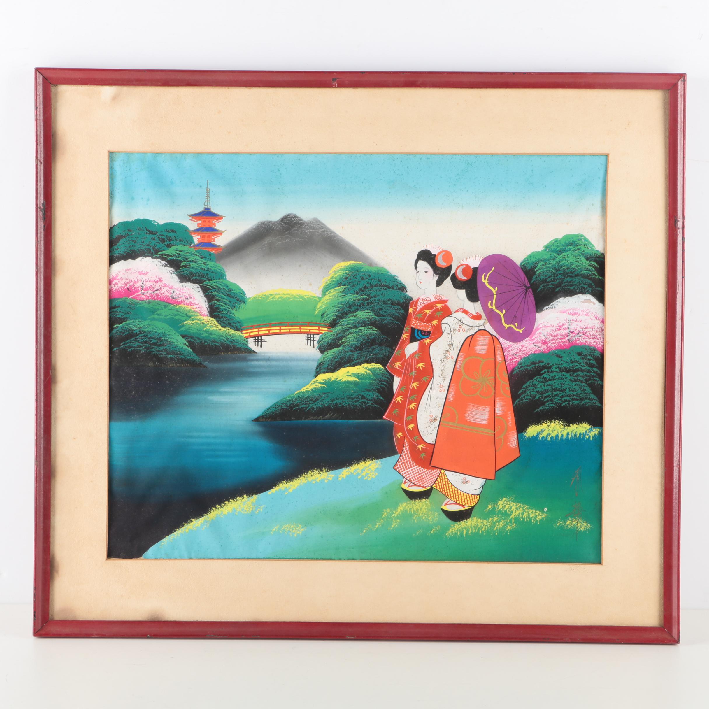 East Asian Style Painting on Silk of Genre Scene