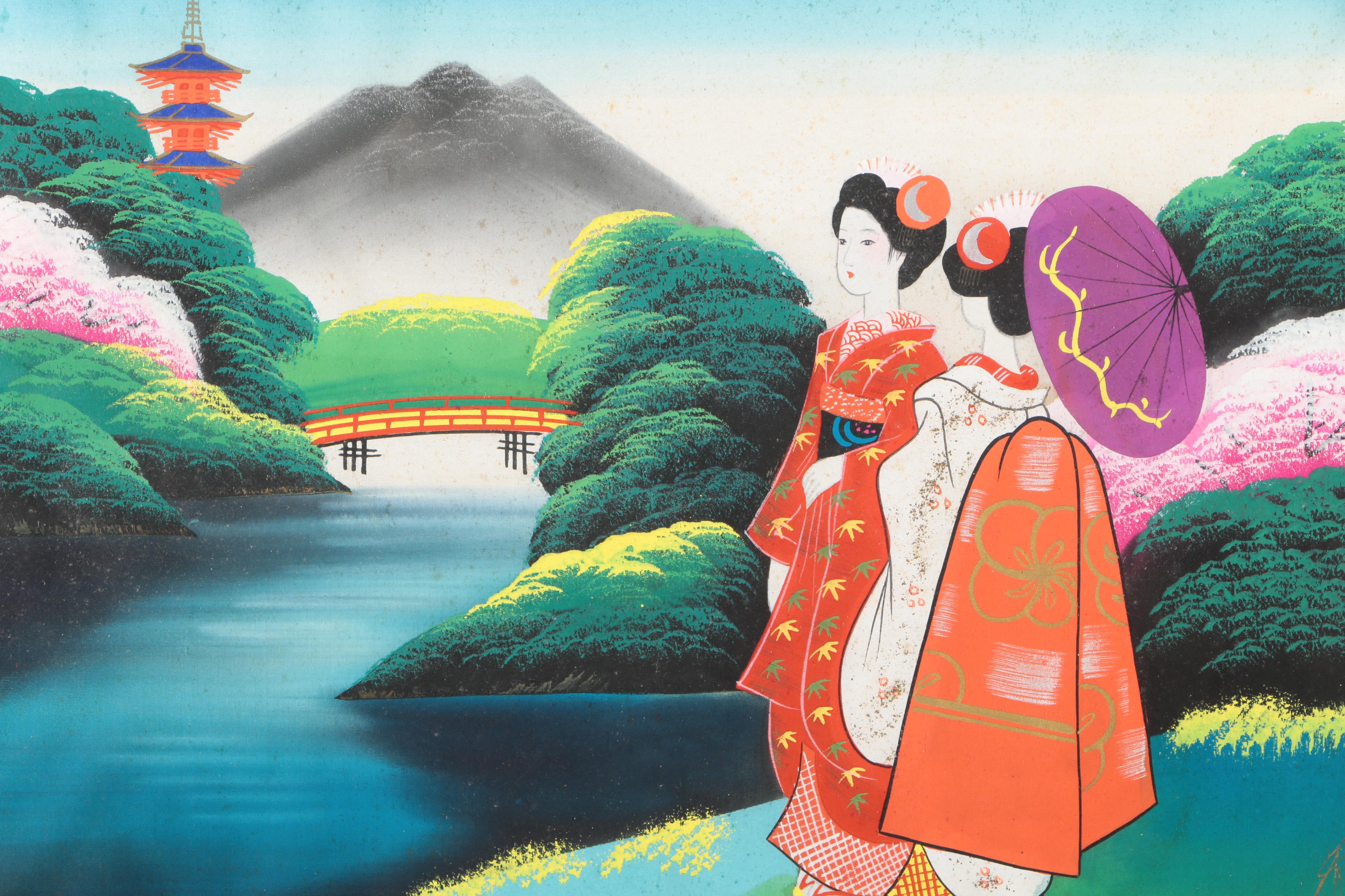 East Asian Style Painting on Silk of Genre Scene